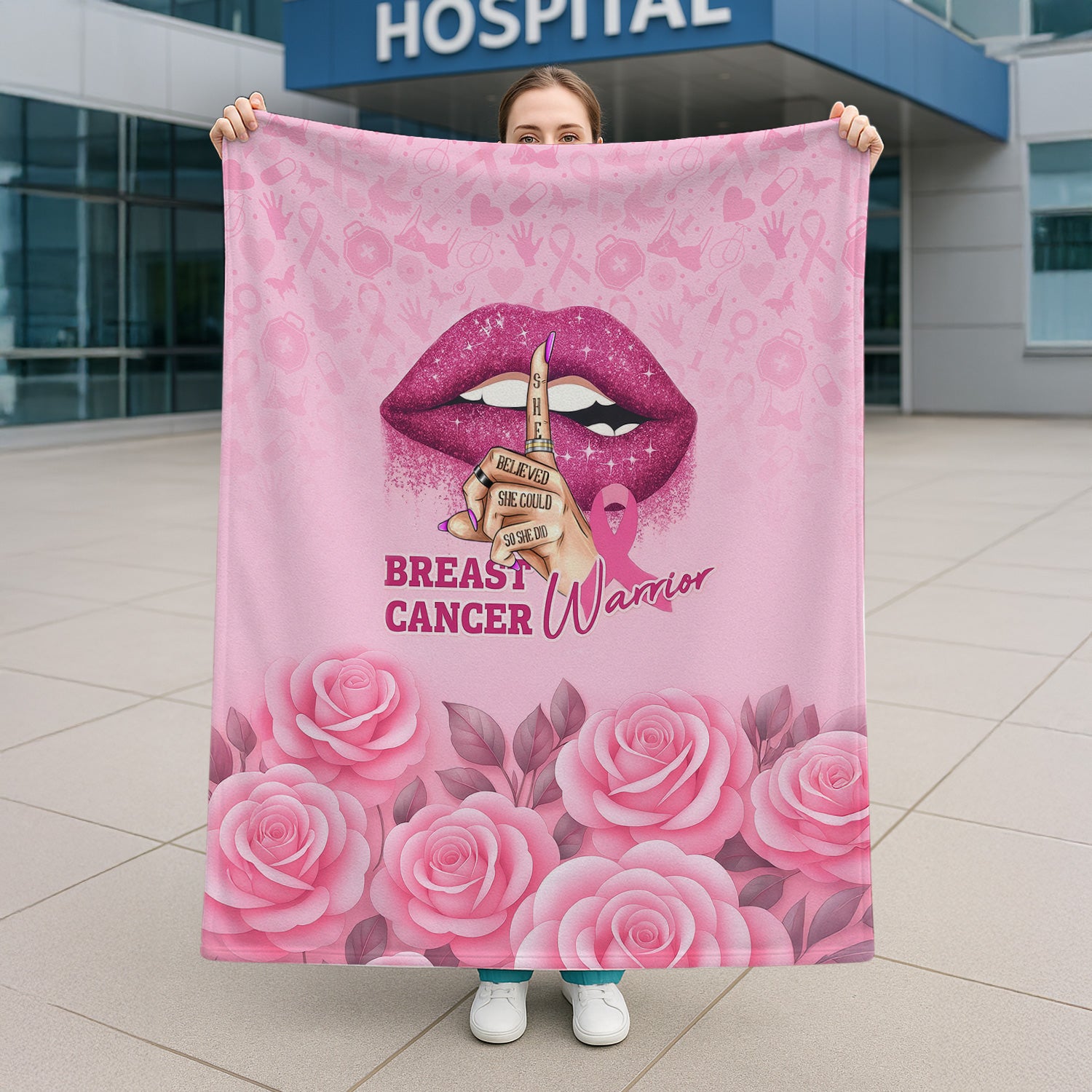 Custom Breast Cancer Awareness Floral Blanket - Warrior Quote & Rose Pattern Graphic - Gift for RN LPN CNA