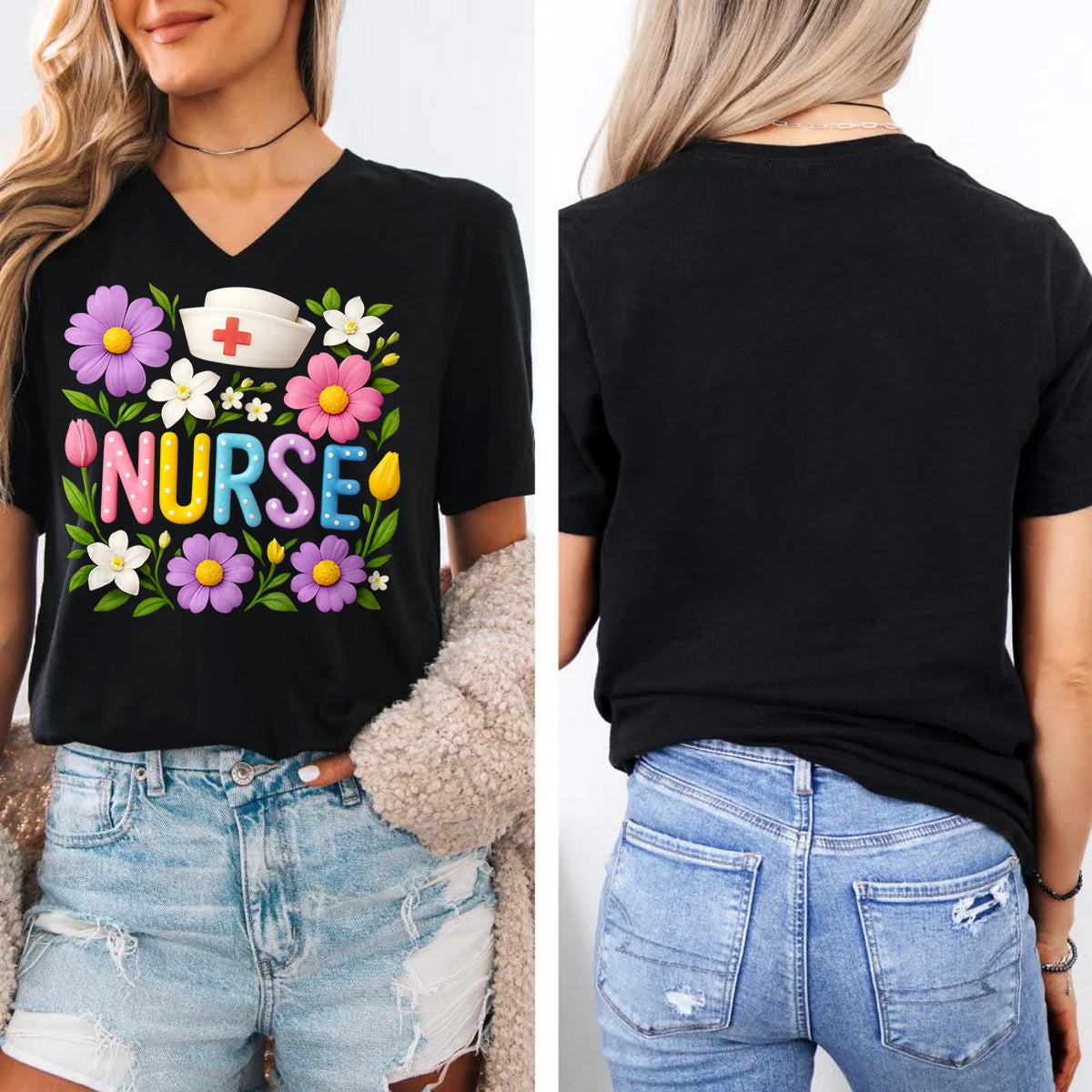 Cute Floral Nurse Shirt for Women – Colorful Spring Design with Hat & Flowers – Appreciation Gift for RN CNA LPN