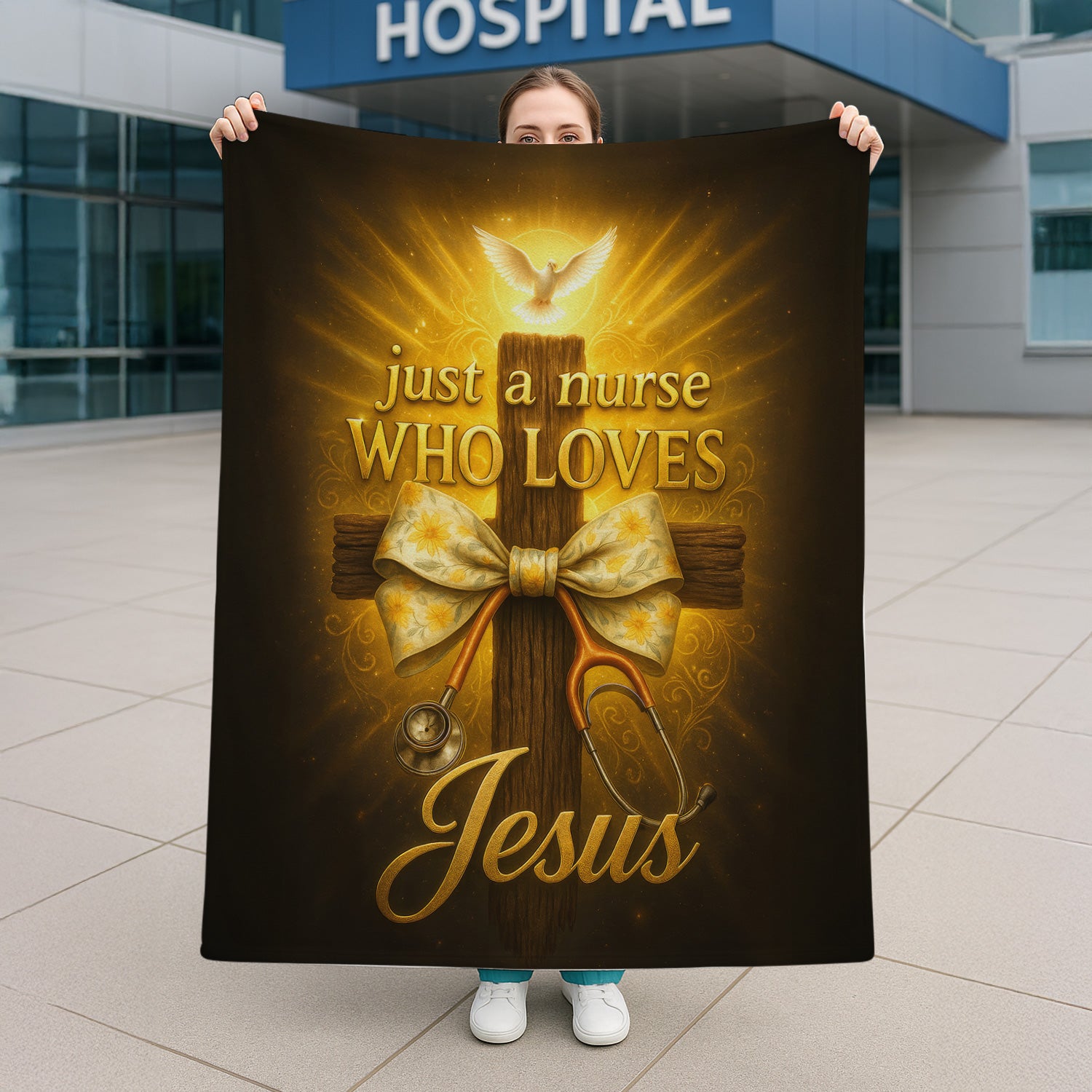 Just a Nurse Who Loves Jesus Blanket - Christian Fleece Throw for RN CNA - Personalized Faith Gift for Religious Nurses Women