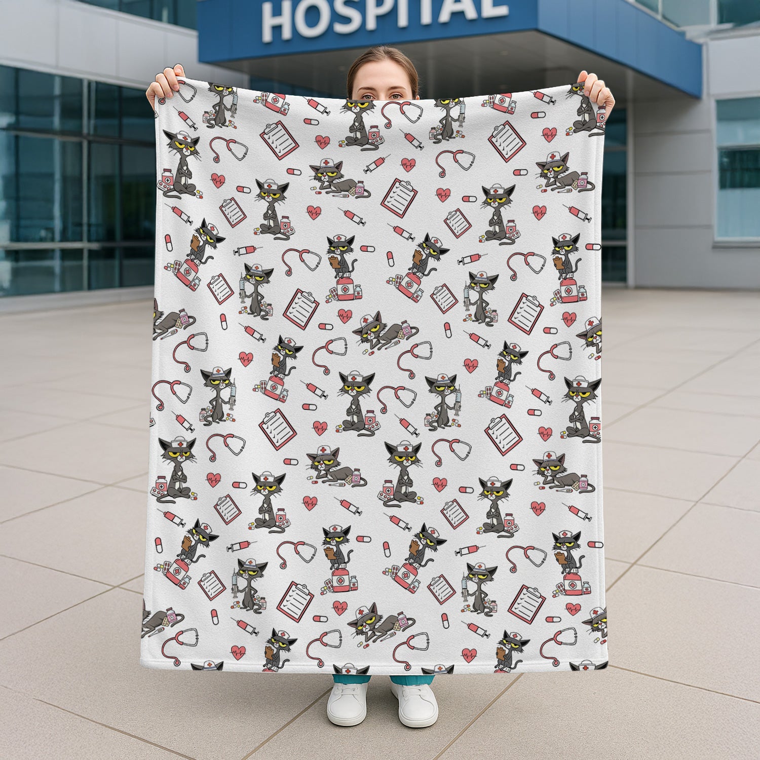 Personalized Cat Nurse Blanket - Cozy Throw with Medical Cat Print - Gift for RN, CNA, LPN, Medical Staff