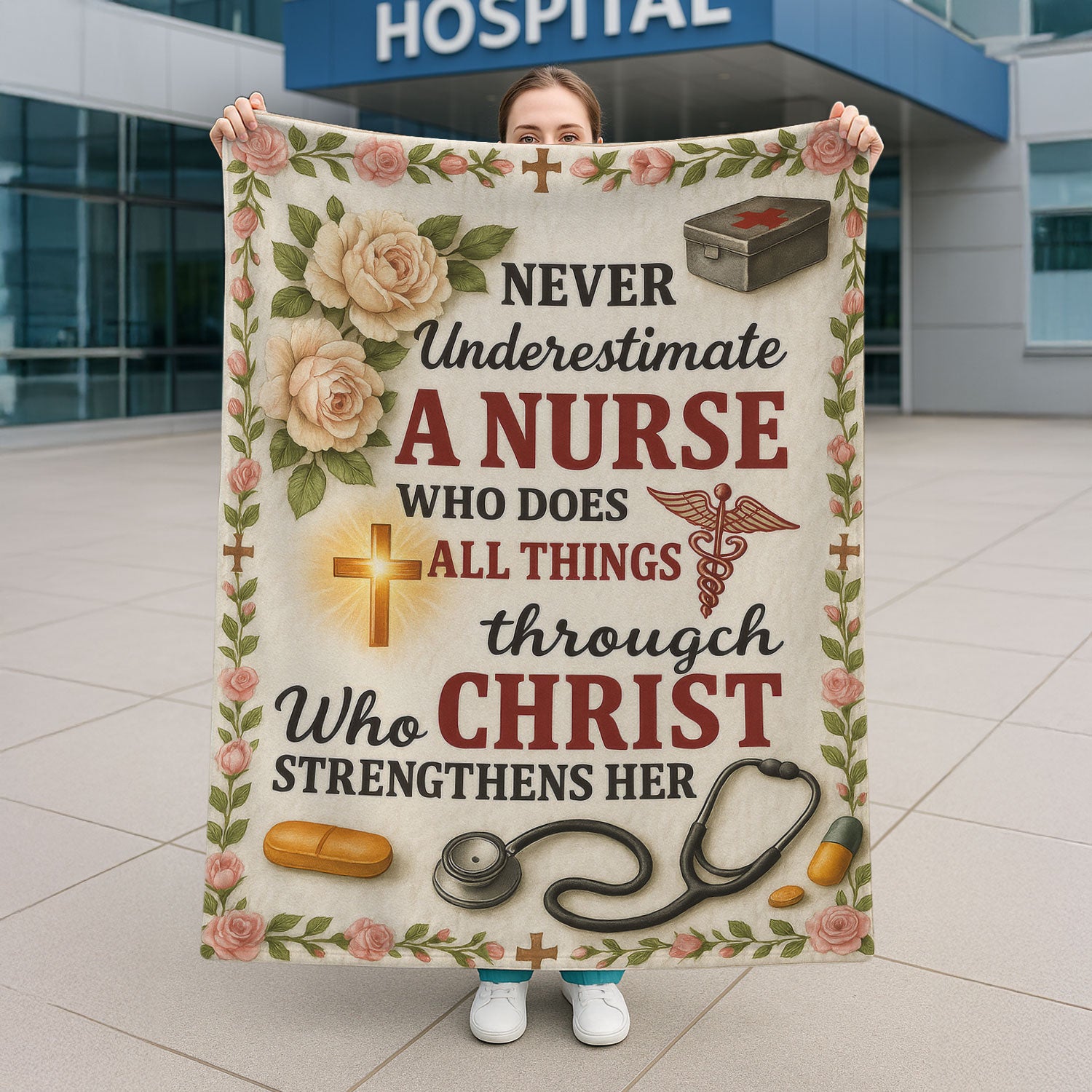 Faith-Based Nurse Blanket - Never Underestimate a Nurse Through Christ Design - Religious Gift for RN CNA LPN Women Healthcare Workers