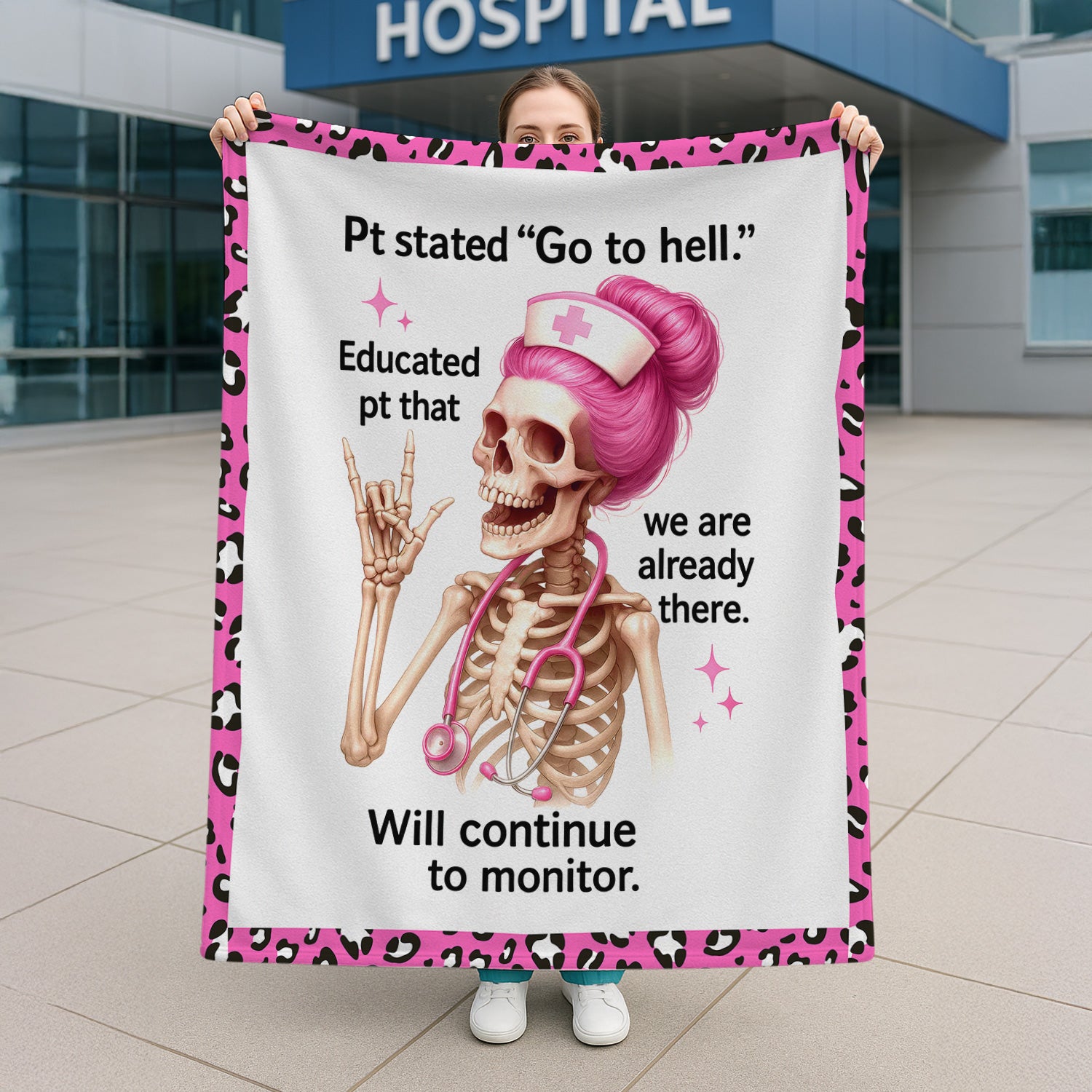 Custom Skeleton Nurse Blanket - Pink Hair & Sarcastic Quote - Hilarious Personalized Gift for RN, LPN, Healthcare Workers