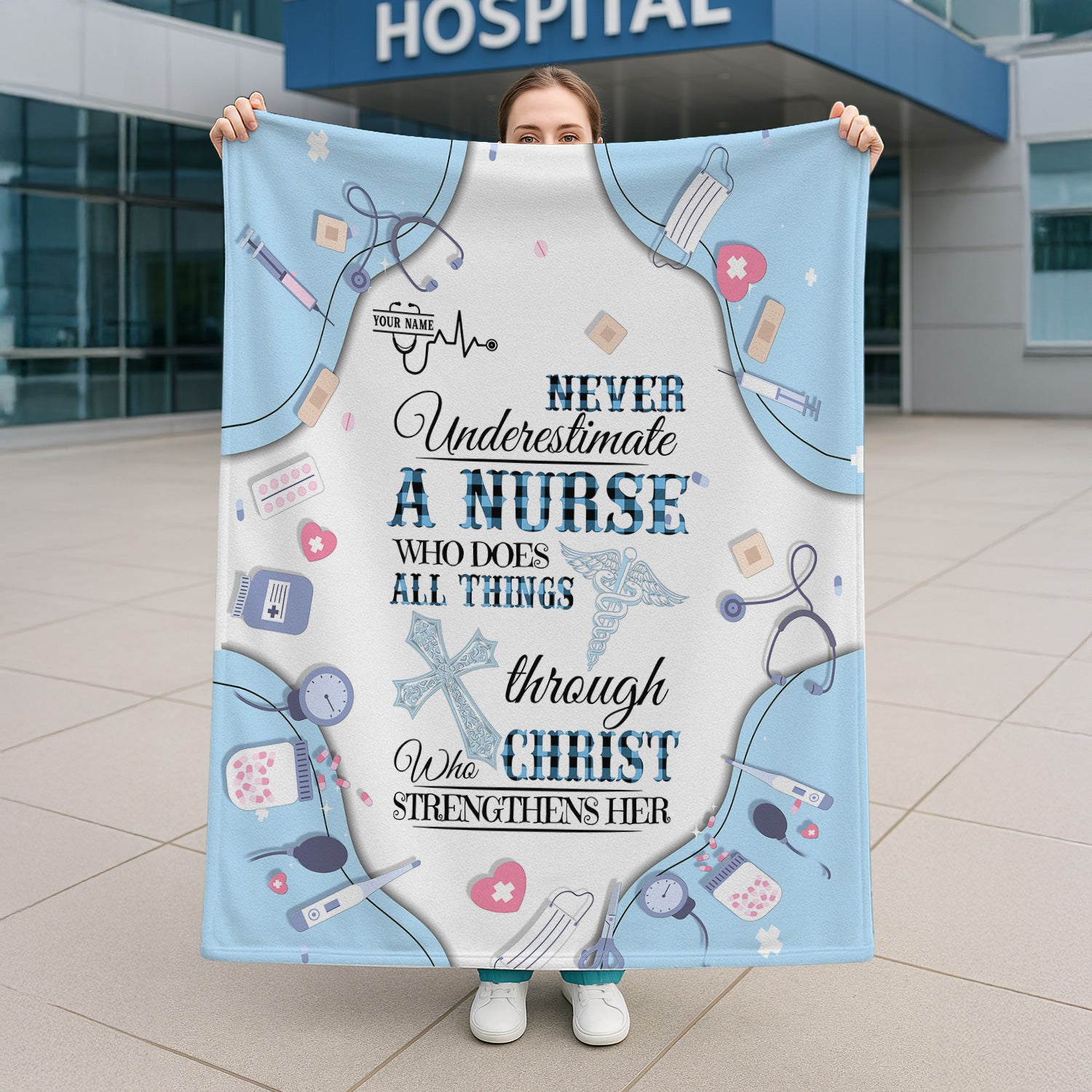 Custom Name Faith Nursing Blanket for Women - Personalized Religious Gift for RN LPN CNA Hospital Staff - All Things Through Christ Quote