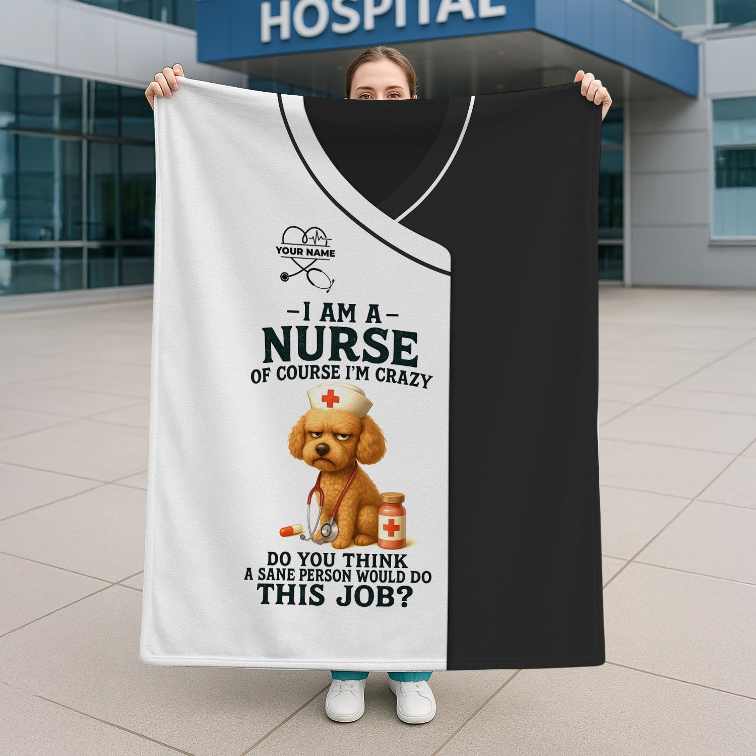 Custom Name Crazy Nurse Blanket - Funny Poodle with Stethoscope for RN LPN CNA - Thoughtful Gift for Healthcare Workers Appreciation