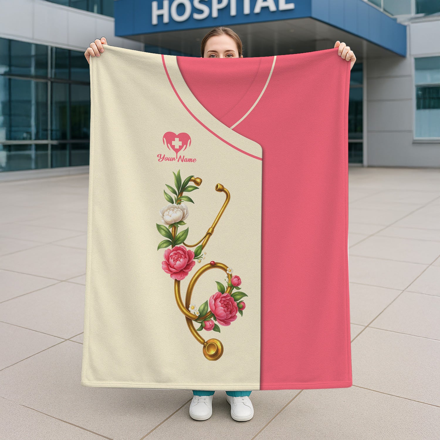 Custom Floral Blanket for Nurses - Peonies Flower and Stethoscope Design - Medical Gift for RN, LPN, CNA