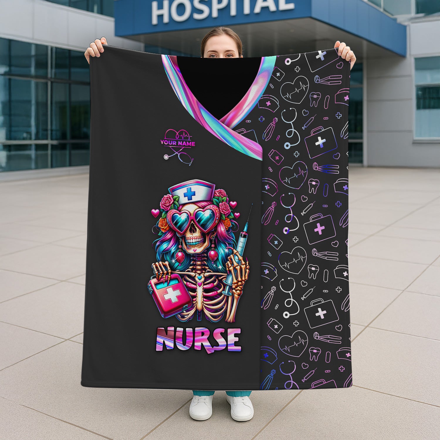 Personalized Gothic Nurse Blanket - Colorful Skeleton Holding Syringe & Med Bag - Gift for Healthcare Heroes, Halloween Fans