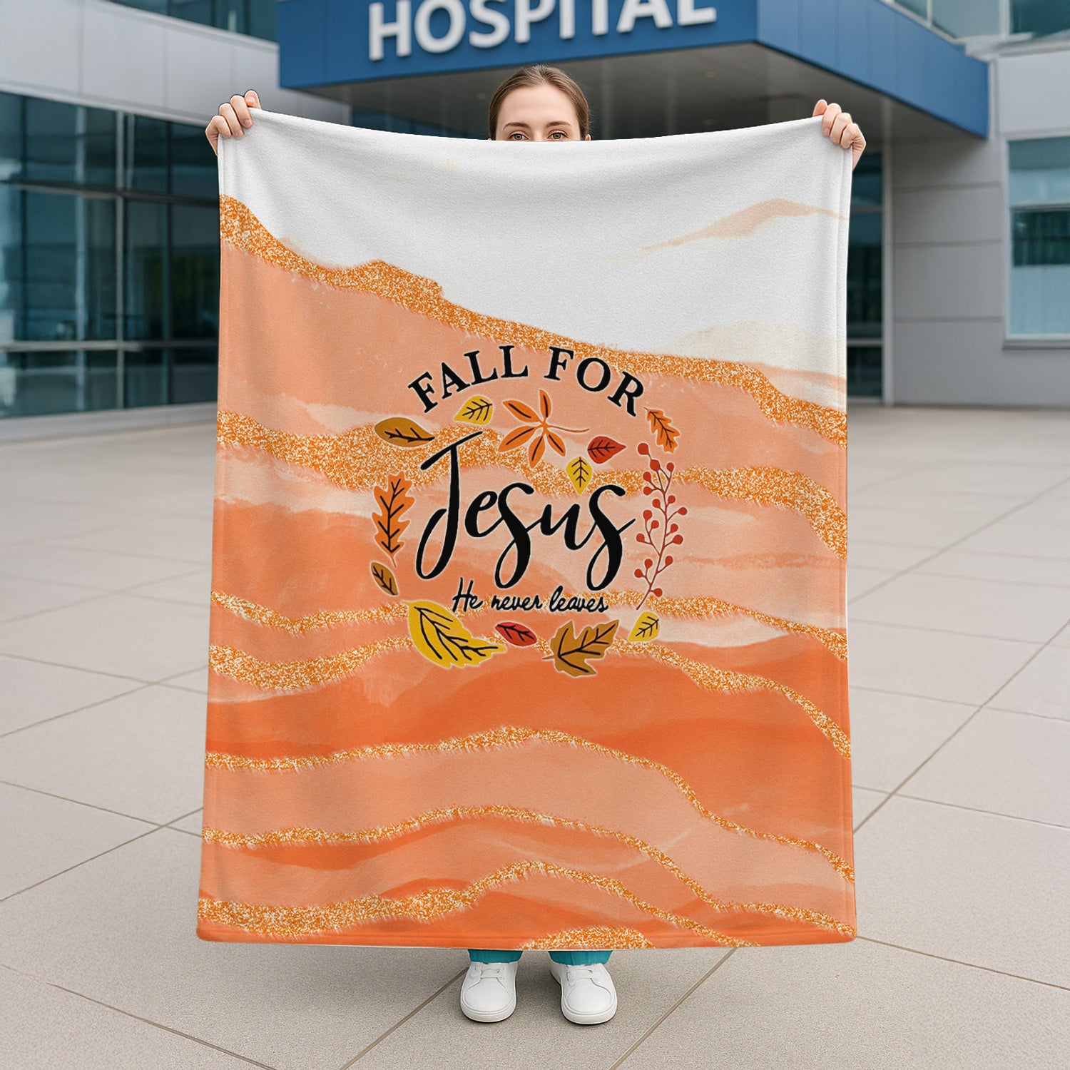 Christian Nurse Fall Blanket - Fall for Jesus He Never Leaves Throw - Gift for Women RN LPN CNA