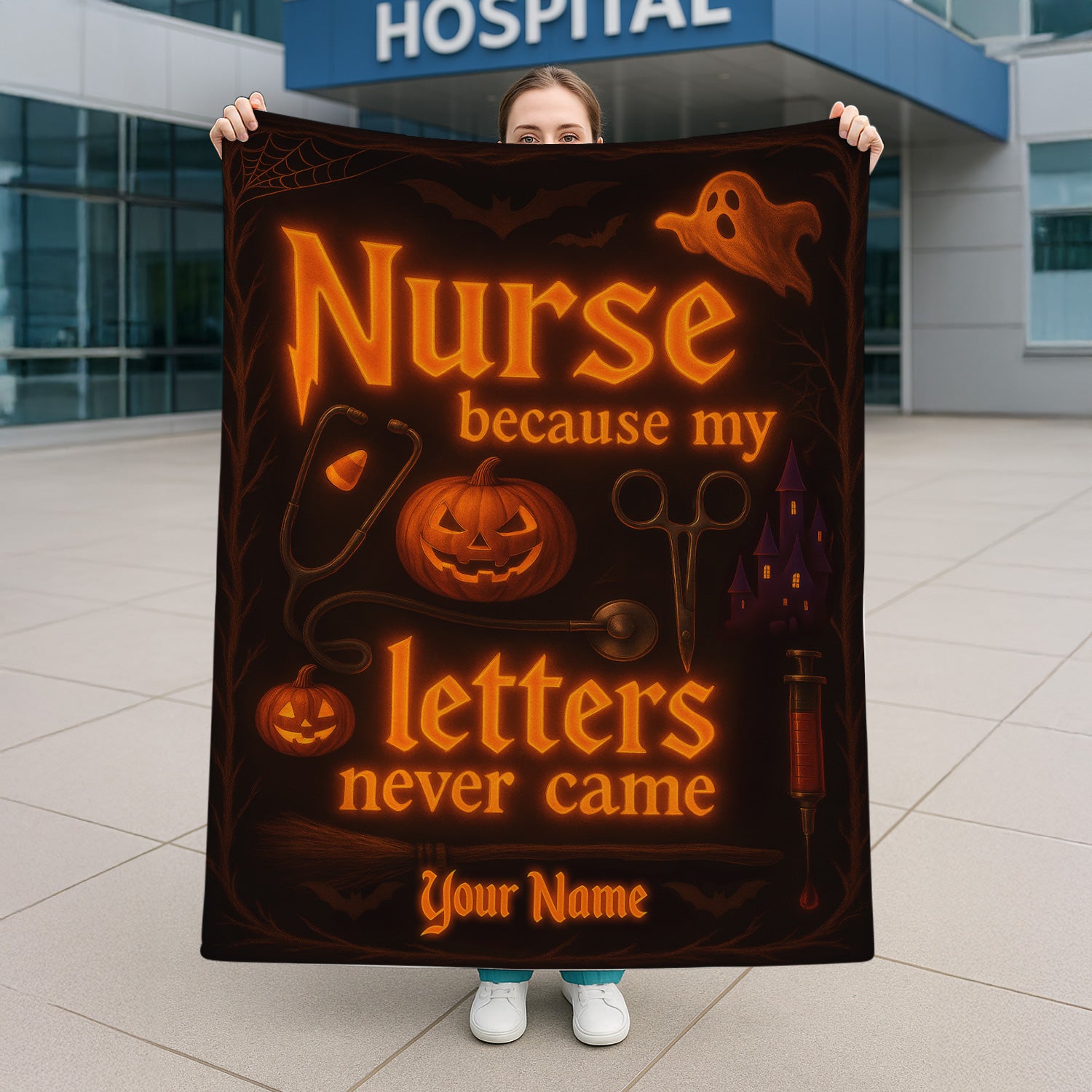Personalized Halloween Nurse Throw Blanket - Spooky Nurse Life Design with Jack-o'-Lantern - Gift for Witchy RN, CNA, LPN