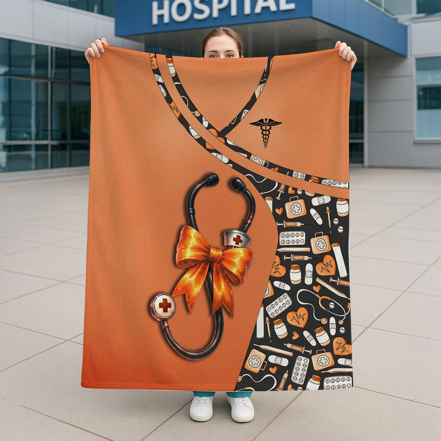 Personalized Funny Nurse Fall Throw Blanket - Medical Pattern & Stethoscope Bow Design - Halloween Gift for RN LPN CNA