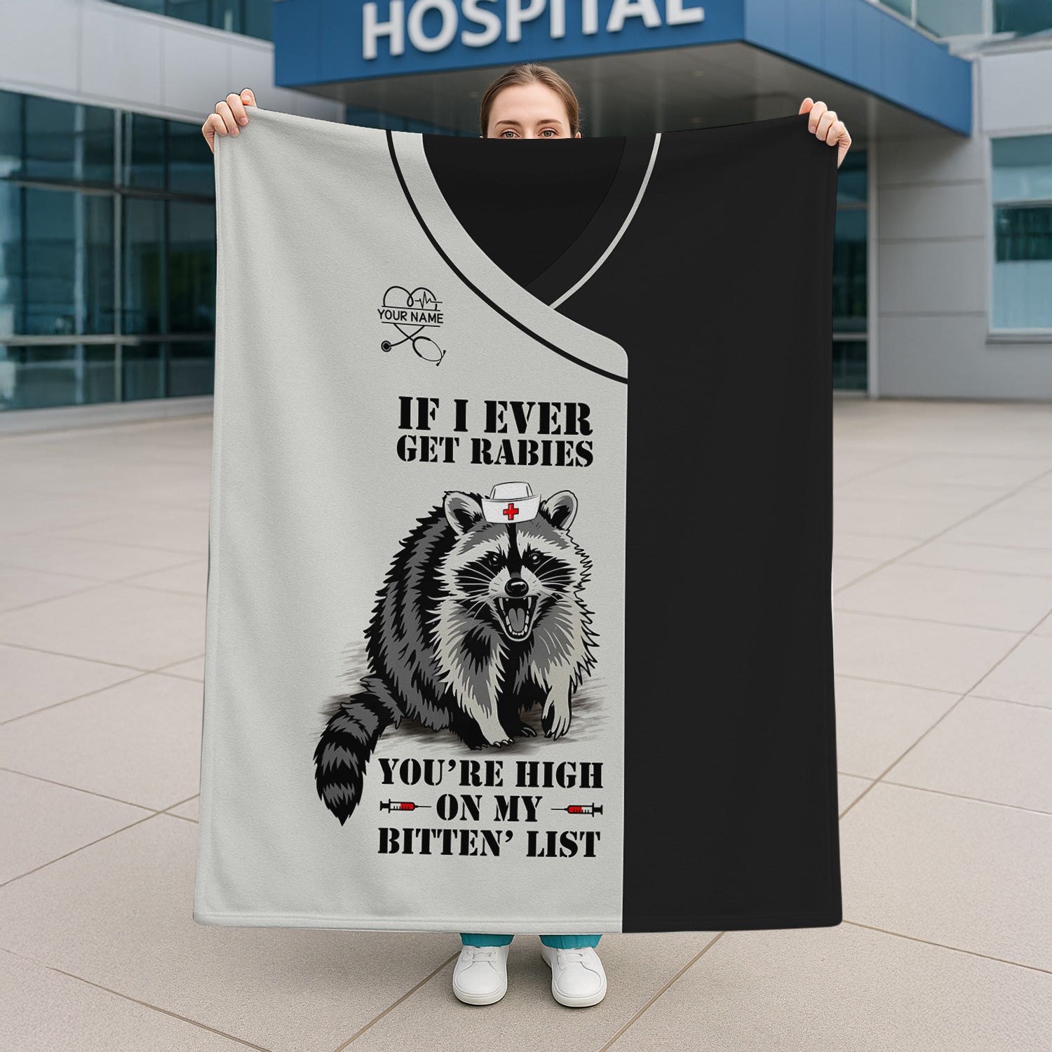 Custom Funny Raccoon Nurse Blanket  - You're High on My Bitten List - Gift for Women RN LPN & Healthcare Workers