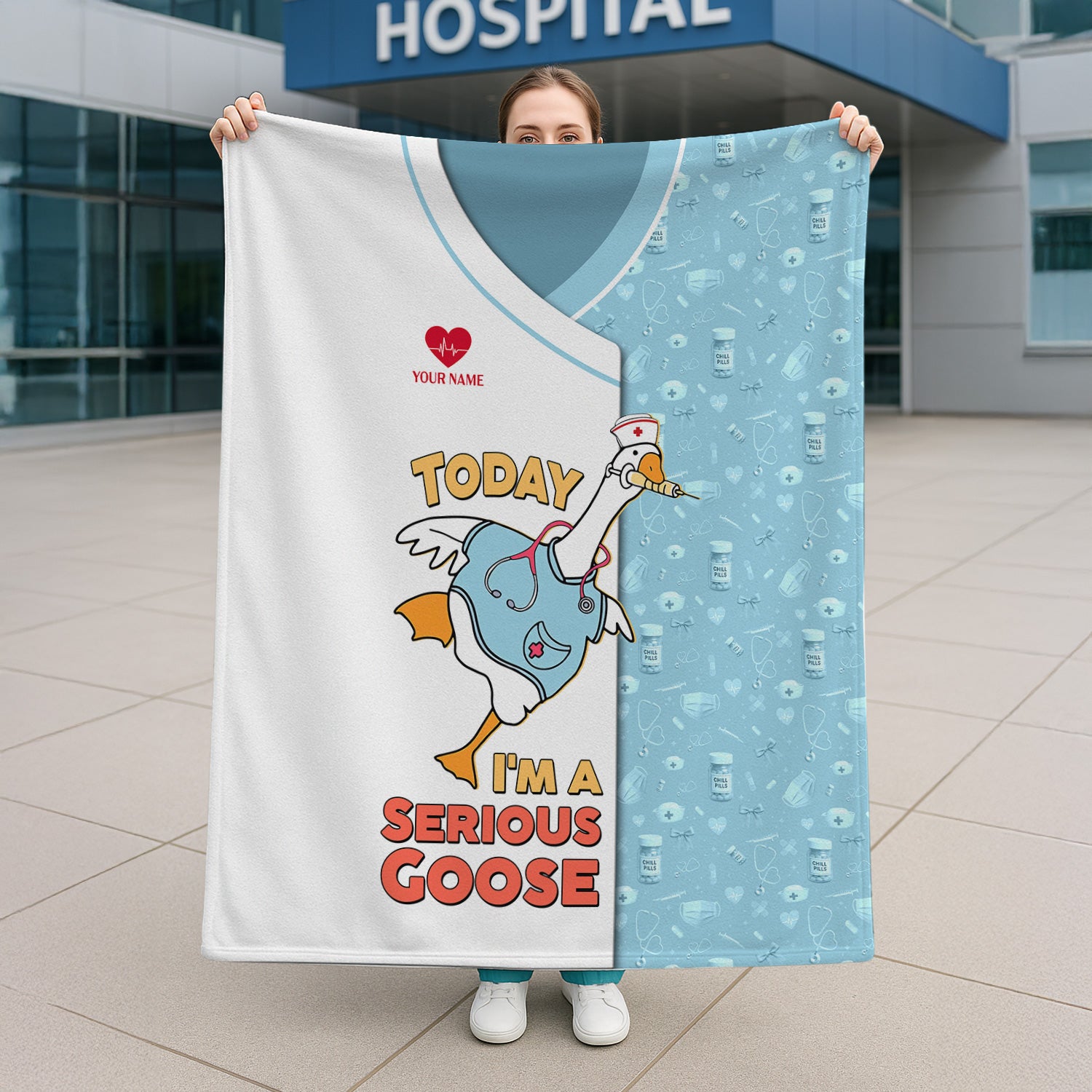 Custom Silly Goose Nurse Blanket - Cute Stethoscope & Scrubs Cartoon - Fun Gift for Healthcare Workers