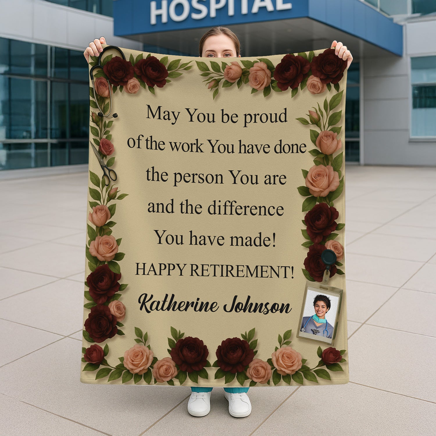 Custom Retirement Blanket with Name & Photo - Floral Border with Inspirational Quote - Gift for Nurse, RN, LPN, Medical Staff