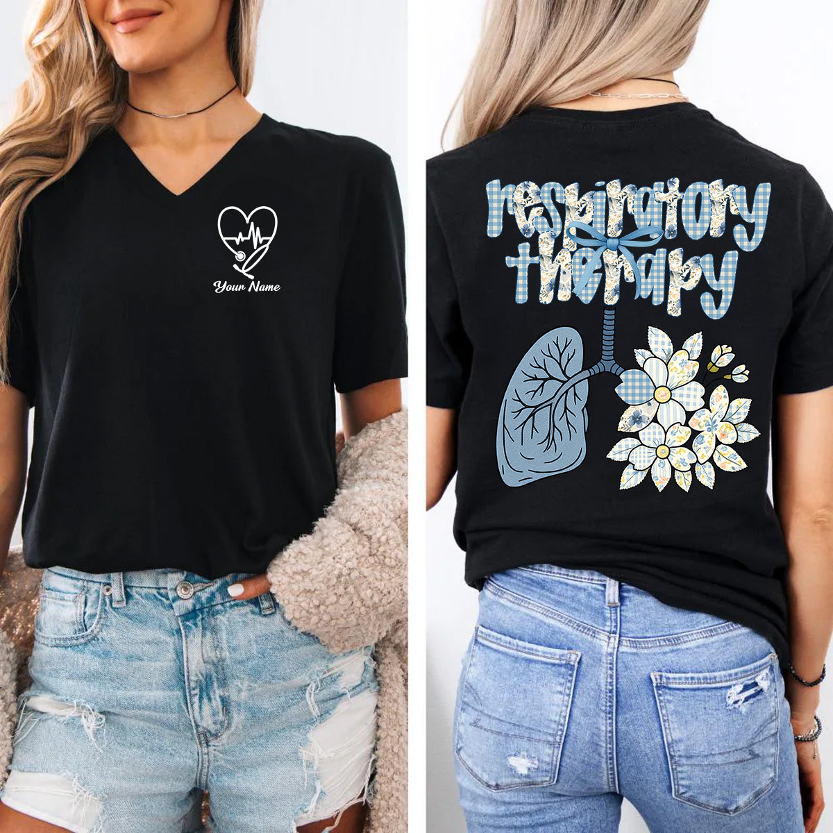 Custom Respiratory Therapy Nurse T-Shirt – Cute Lung Floral Design – Appreciation Gift for Women Medical Staff Healthcare Worker