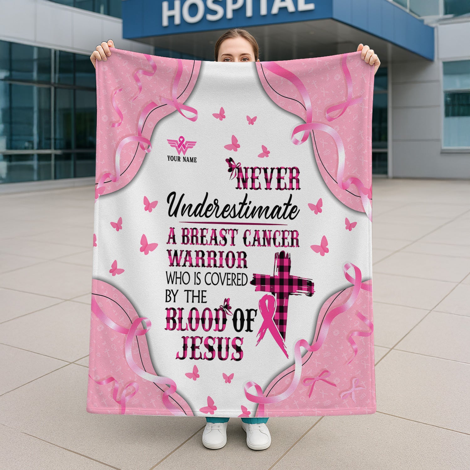 Personalized Breast Cancer Warrior Blanket - Christian Faith Quote & Pink Ribbon Design - Gift for RN LPN CNA
