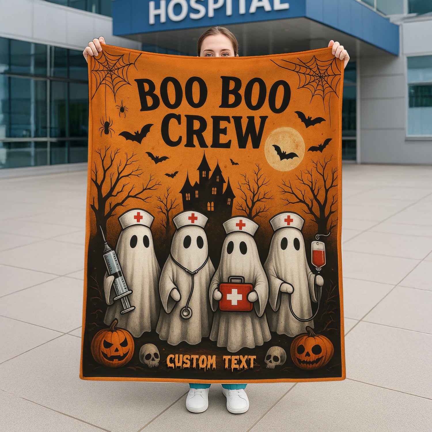Halloween Boo Boo Crew Nurse Blanket - Funny Ghosts & Medical Equipment Design - Custom Text Gift for Healthcare Workers, Nurses, LPN, CNA