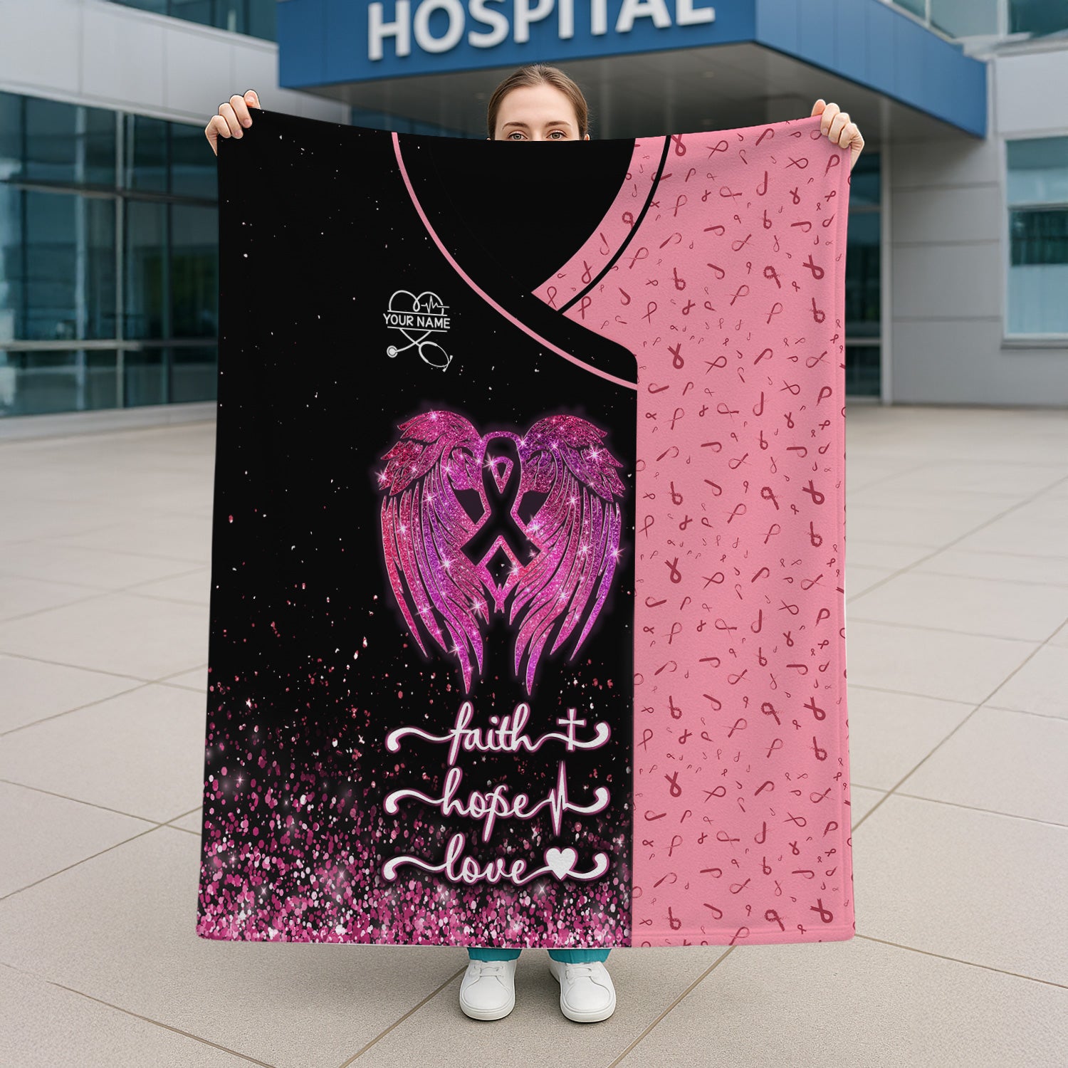 Personalized Breast Cancer Awareness Blanket - Faith Hope Love & Angel Wings - Gift for Nurse RN LPN CNA