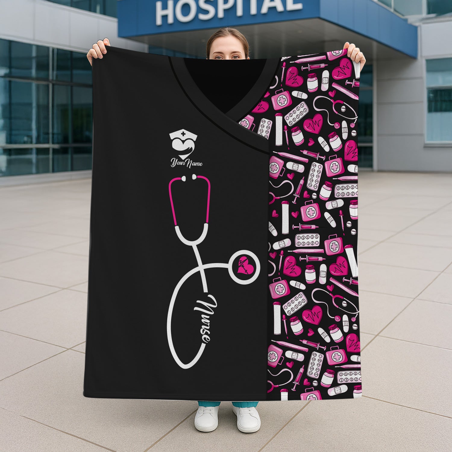 Custom Nurse Blanket - Stethoscope & Medical Design with Heartbeat - Personalized Gift for RN CNA LPN Healthcare Professionals
