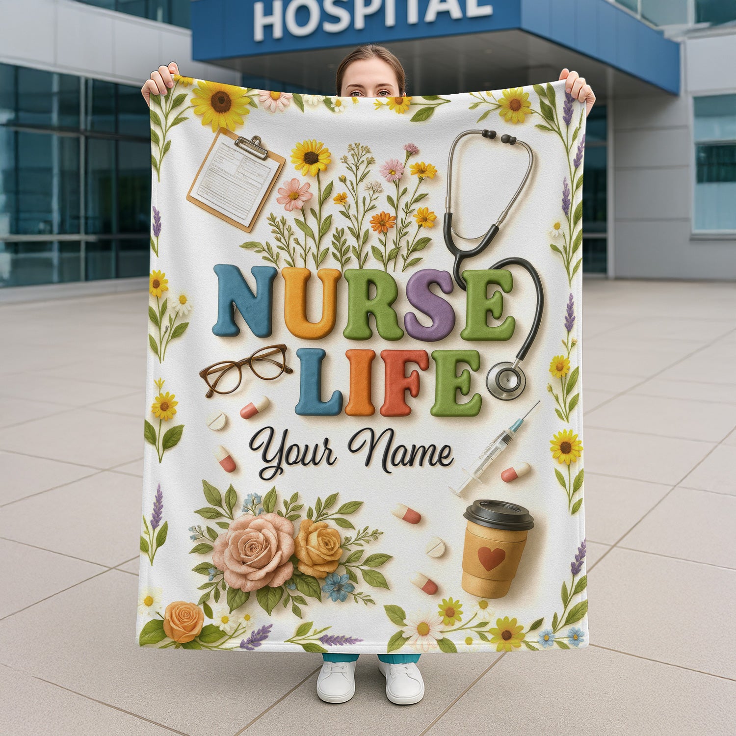 Custom Nurse Life Blanket - Stethoscope, Pills & Flowers Design - Thoughtful Personalized Gift for Nurses