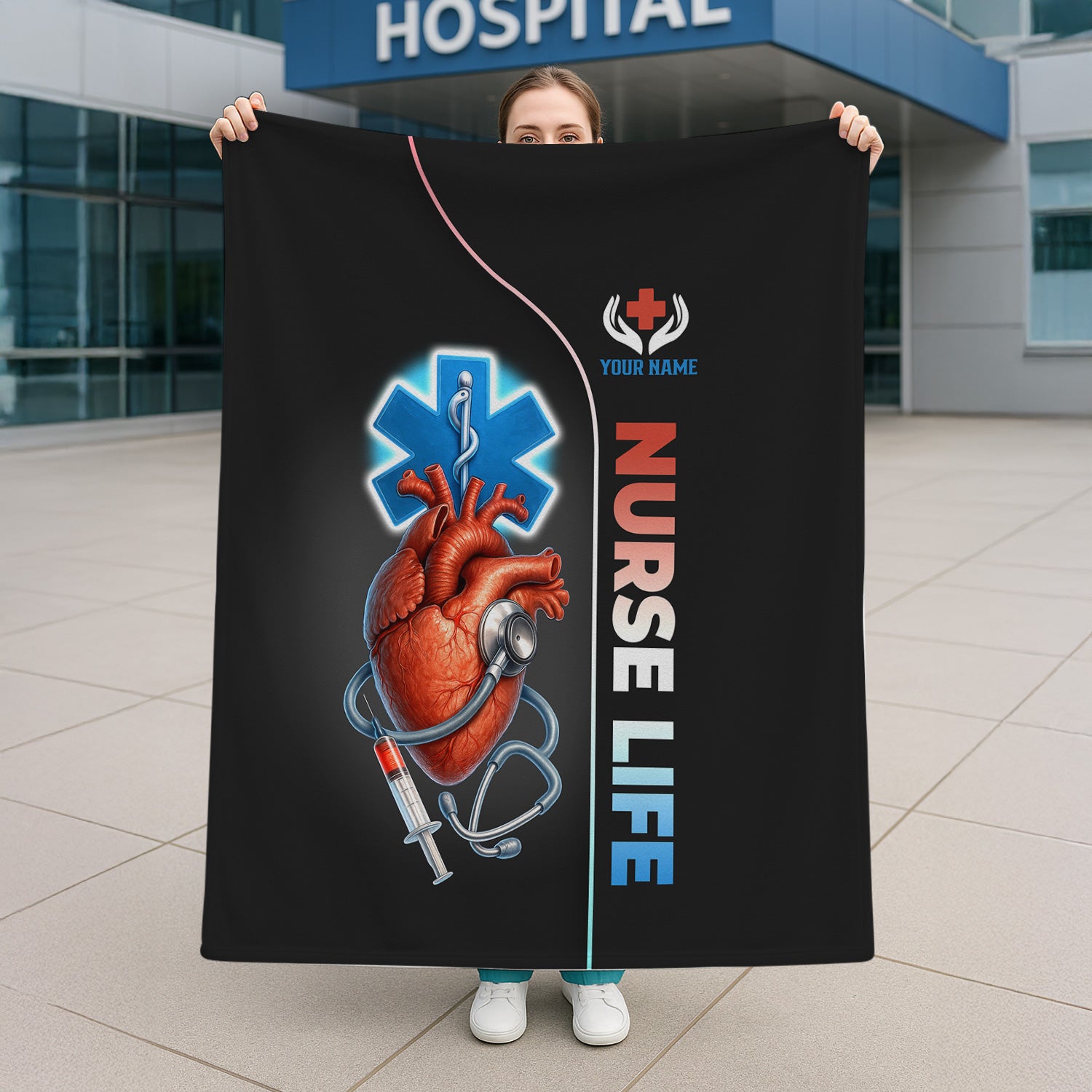 Personalized Anatomical Heart Nurse Blanket - Custom Name Nurse Life with Stethoscope Medical Design - Gift for RN LPN CNA