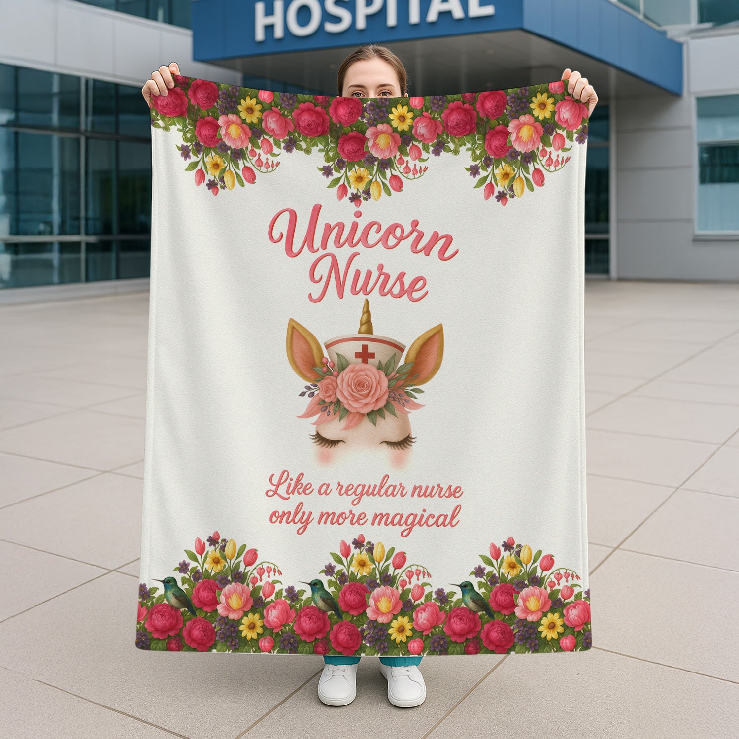 Personalized Cute Unicorn Nurse Throw Blanket - Magical Floral Pattern for Nurses & Healthcare Workers - Thoughtful & Cozy Gift for Women RN LPN CNA