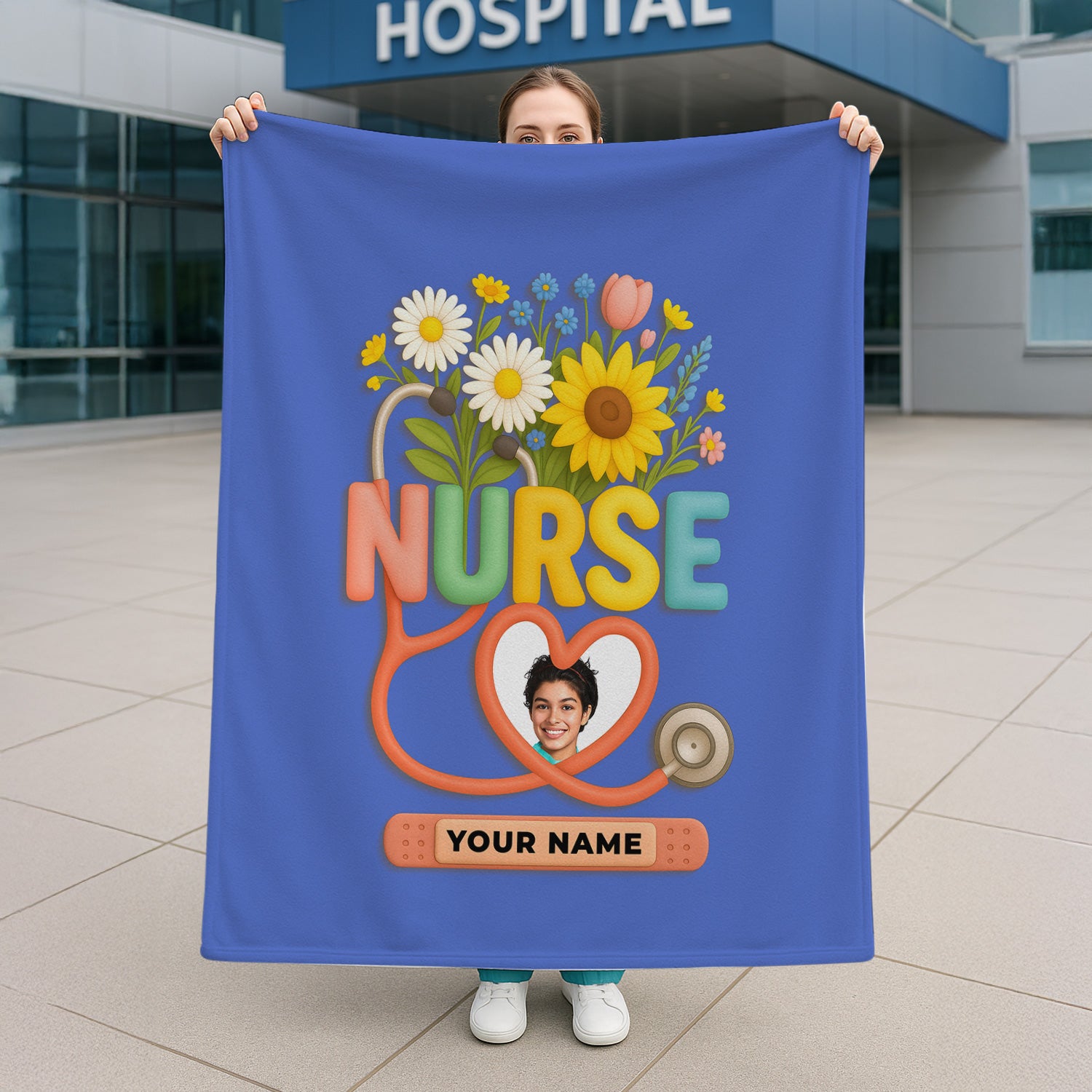 Personalized Nurse Floral Graduation Blanket - Custom Photo & Name with Stethoscope for RN LPN CNA Gift - Multiple Color Options Available Keepsake