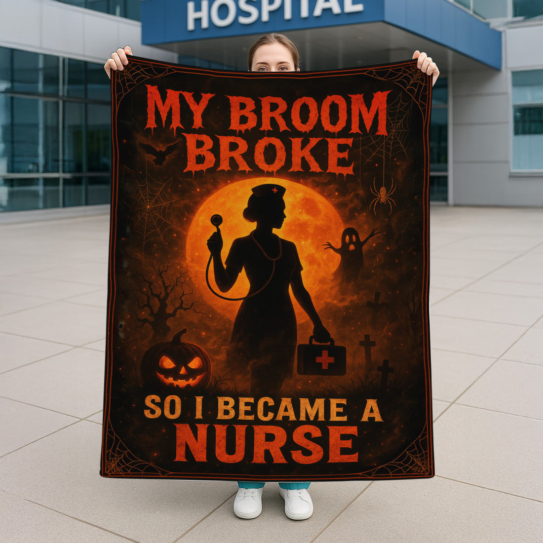 Funny Halloween Nurse Blanket - 'My Broom Broke So I Became A Nurse' Design - Spooky Nurse Gift for RN, CNA, LPN