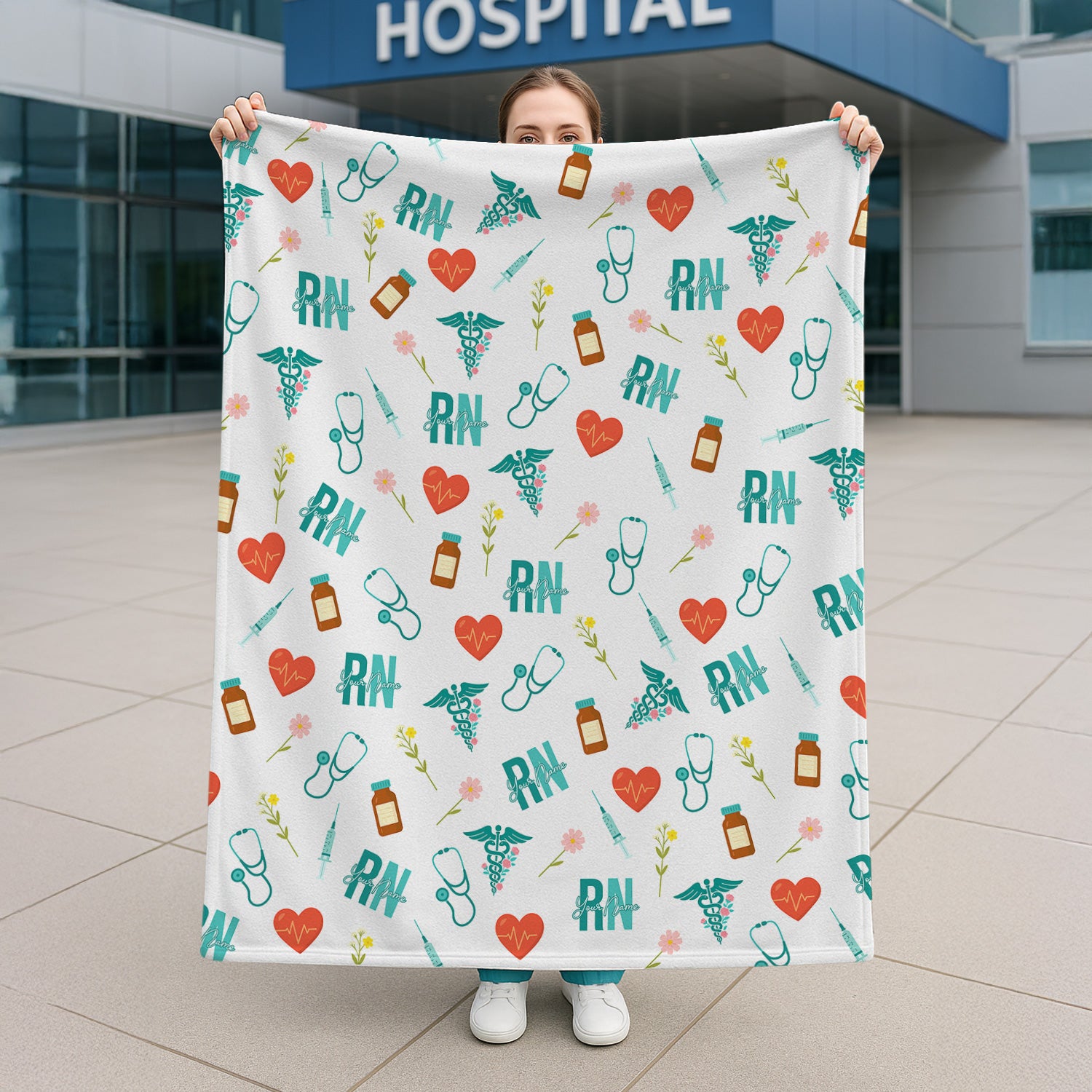 Personalized RN Nurse Blanket with Medical Icons - Stethoscope Syringe Heartbeat Floral Design - Gift for RN CNA LPN