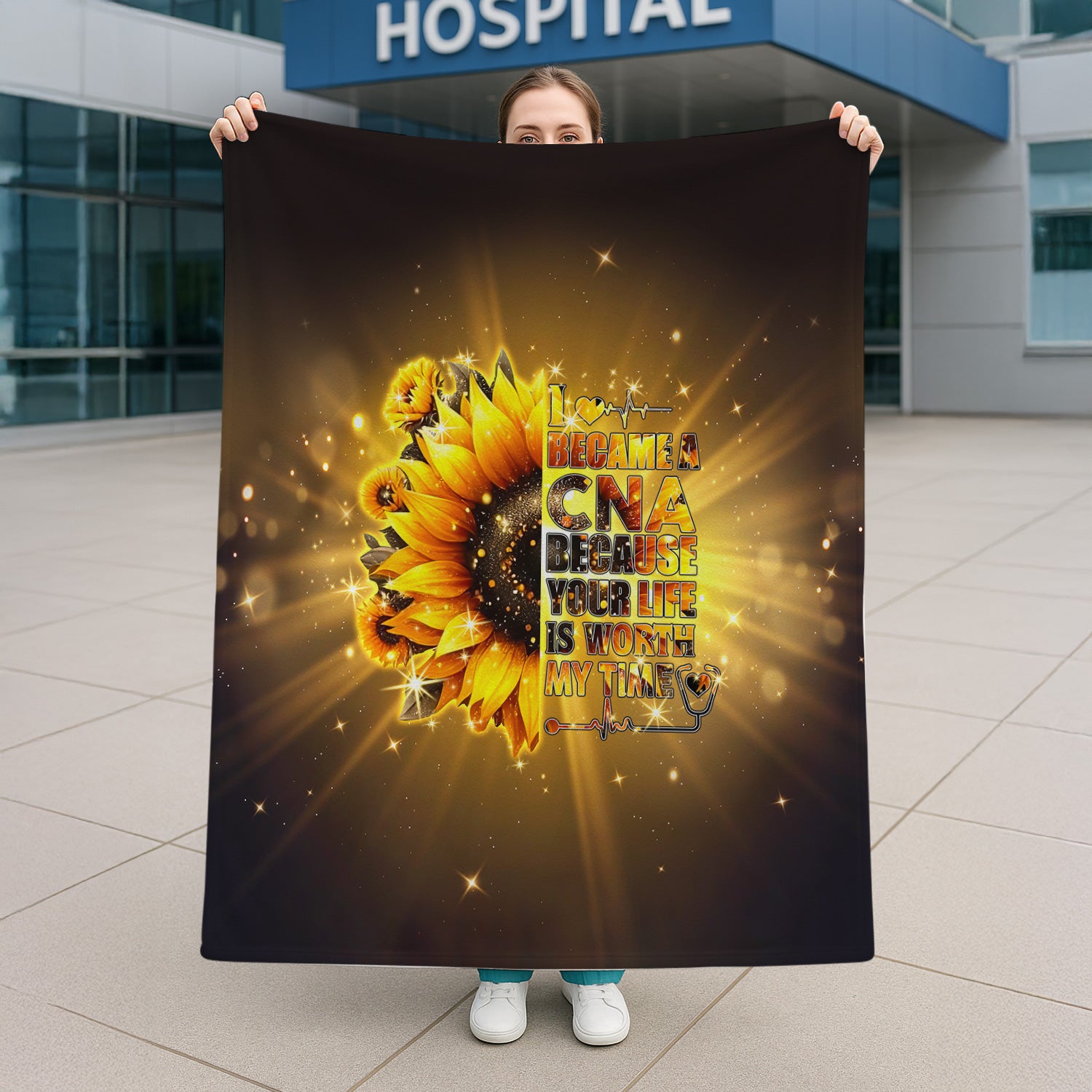 CNA Sunflower Throw Blanket - Inspirational Quote & Stethoscope Graphic - Gift for Healthcare Workers, Nurses