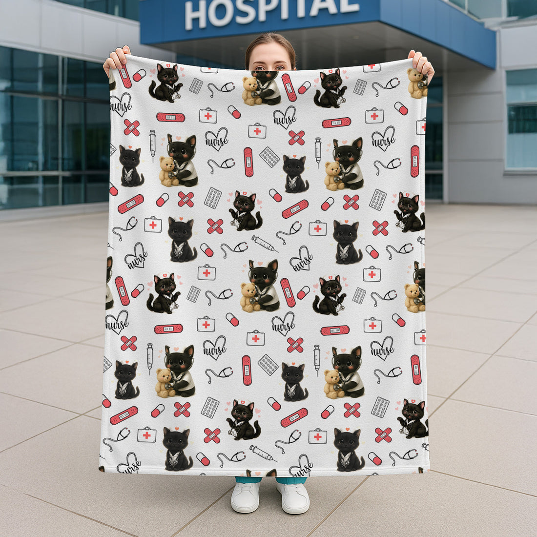 Cute Nurse Blanket with Black Cat Pattern - Funny RN CNA LPN Throw - Gift for Cat Lover Healthcare