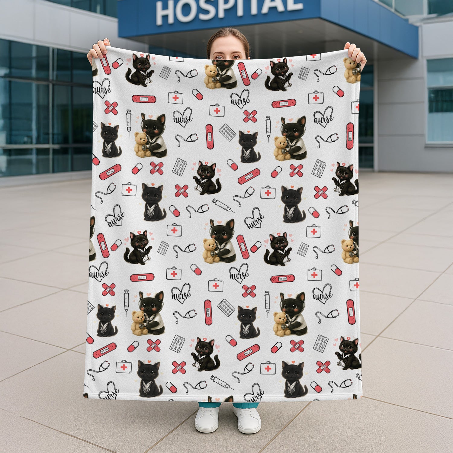 Cute Nurse Blanket with Black Cat Pattern - Funny RN CNA LPN Throw - Gift for Cat Lover Healthcare