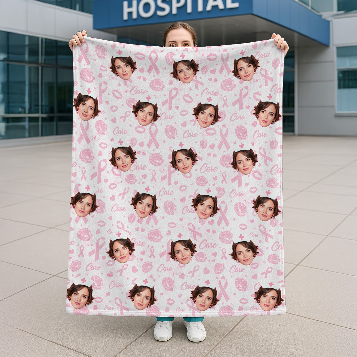 Custom Face Nurse Blanket Pink Ribbon Awareness - Personalized Breast Cancer Support Throw - Gift for Women RN LPN CNA