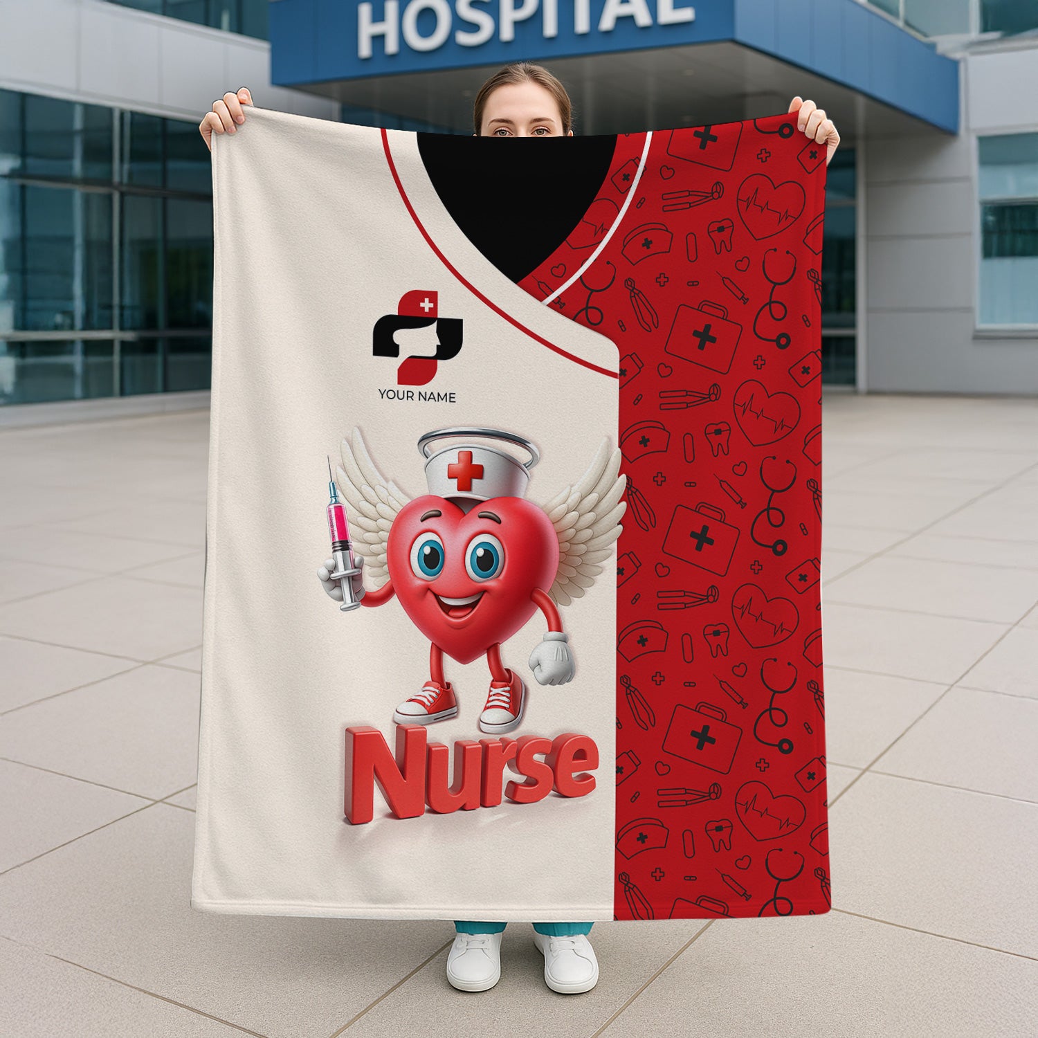 Personalized Funny Nurse Blanket with Winged Heart Cartoon - Cute Syringe Design for Healthcare Workers - Custom RN LPN CNA Gift