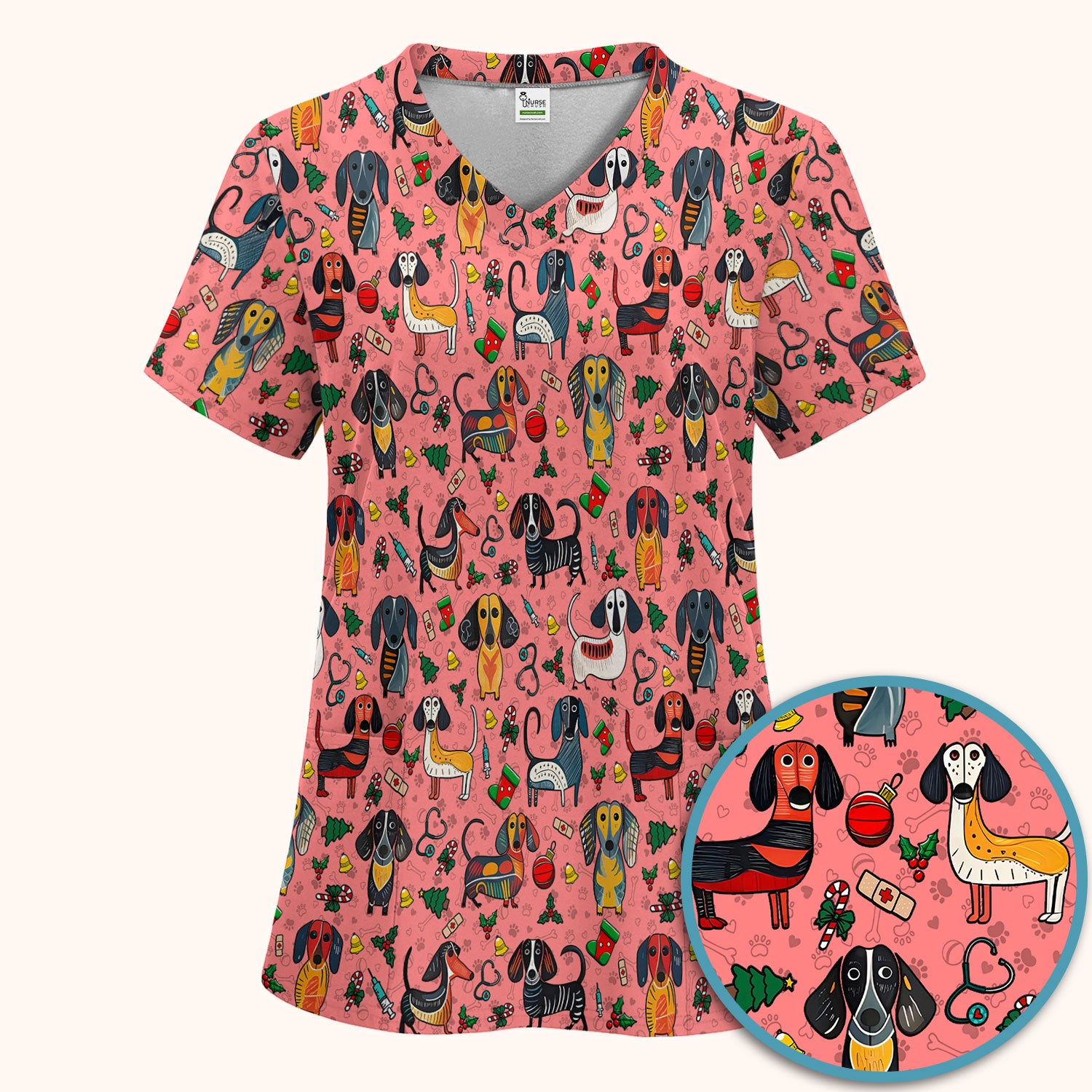 Dachshund Christmas Scrub Set - Cute Wiener Dog Pants and V Neck Top - Holiday Medical Uniform