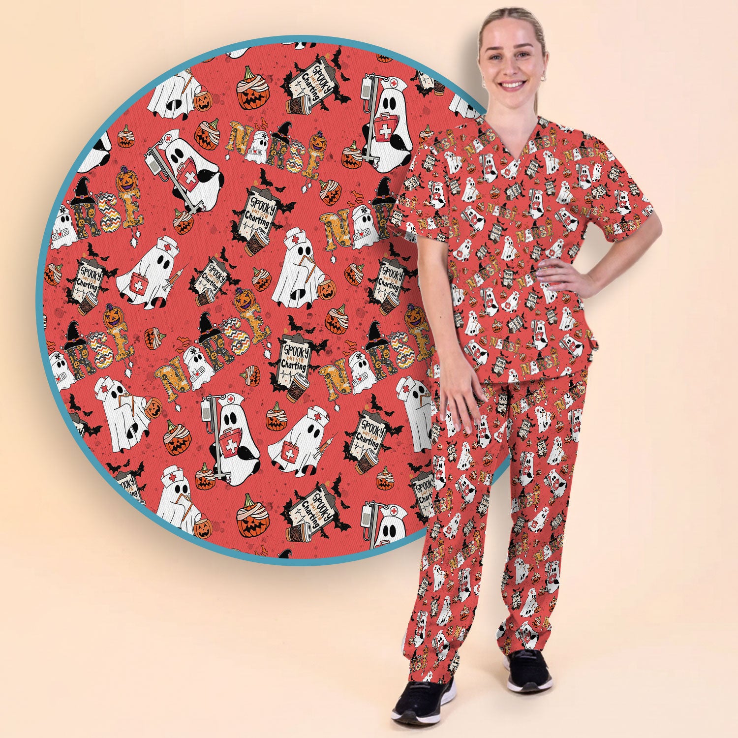 Halloween Women's Scrub Sets - Spooky But Still Charting Boo Nurse - Funny Scrub Pants and V Neck Top - Breathable Med Uniform