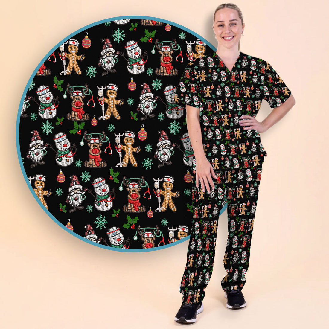Christmas Gingerbread Scrubs Set for Women - Comfortable Scrubs for Nurses - Reindeer Santa Pants and V Neck Top