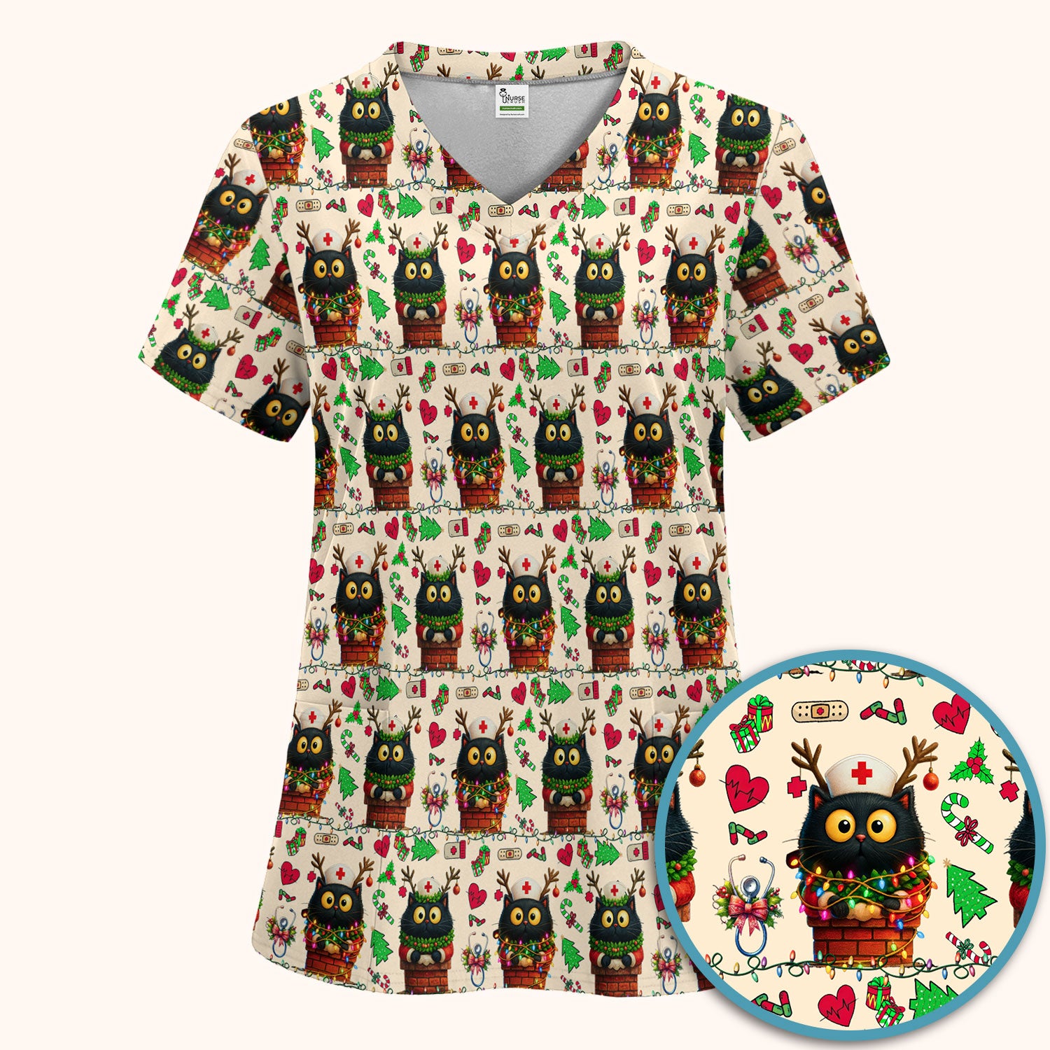 Funny Black Cat Scrub Set for Nurse - Cute Reindeer Cat with Christmas Lights - Festive Holiday Medical Uniform - Kitten Lover Gift