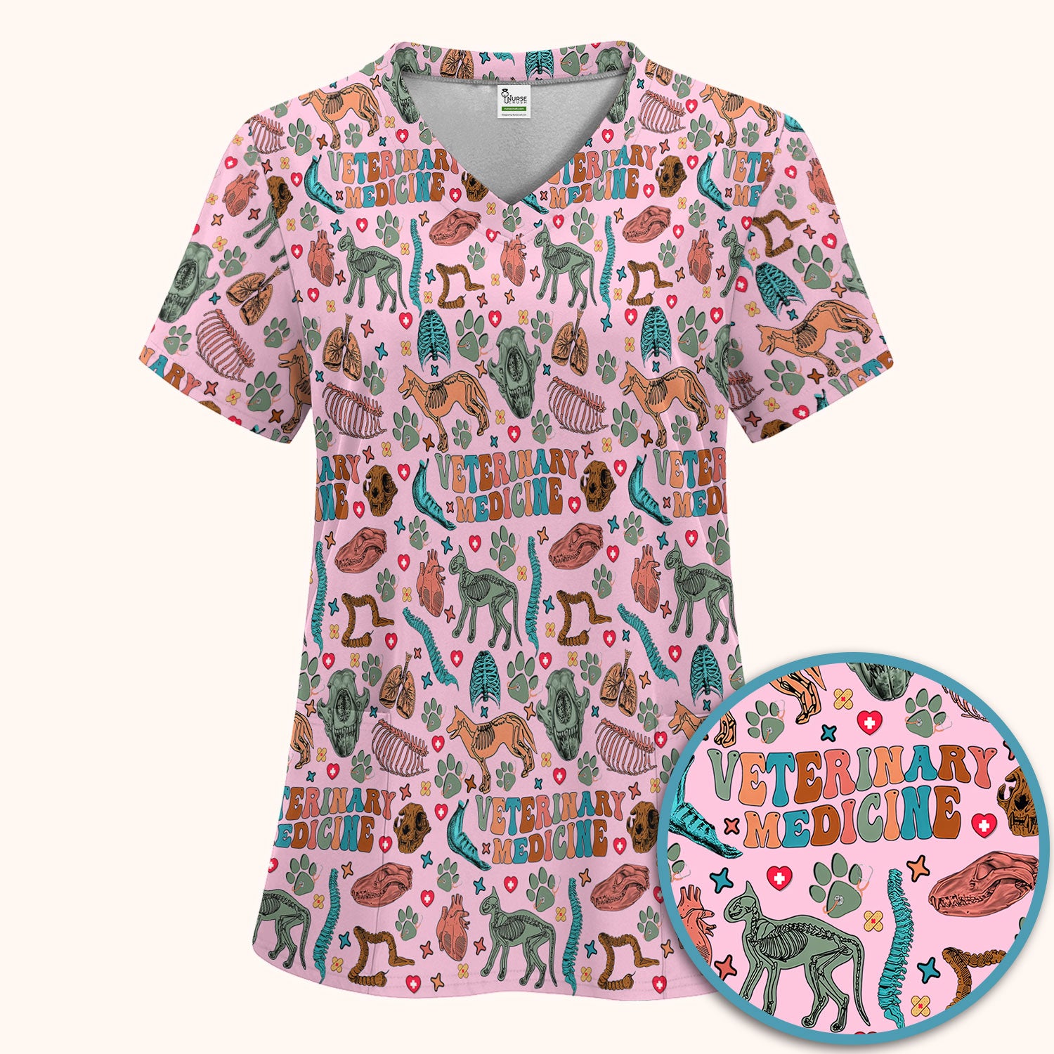 Veterinary Medicine Scrub Set - Cute Animal Anatomy Scrubs Pants and V Neck Top - Fun Vet Tech Nurse Uniform for Women