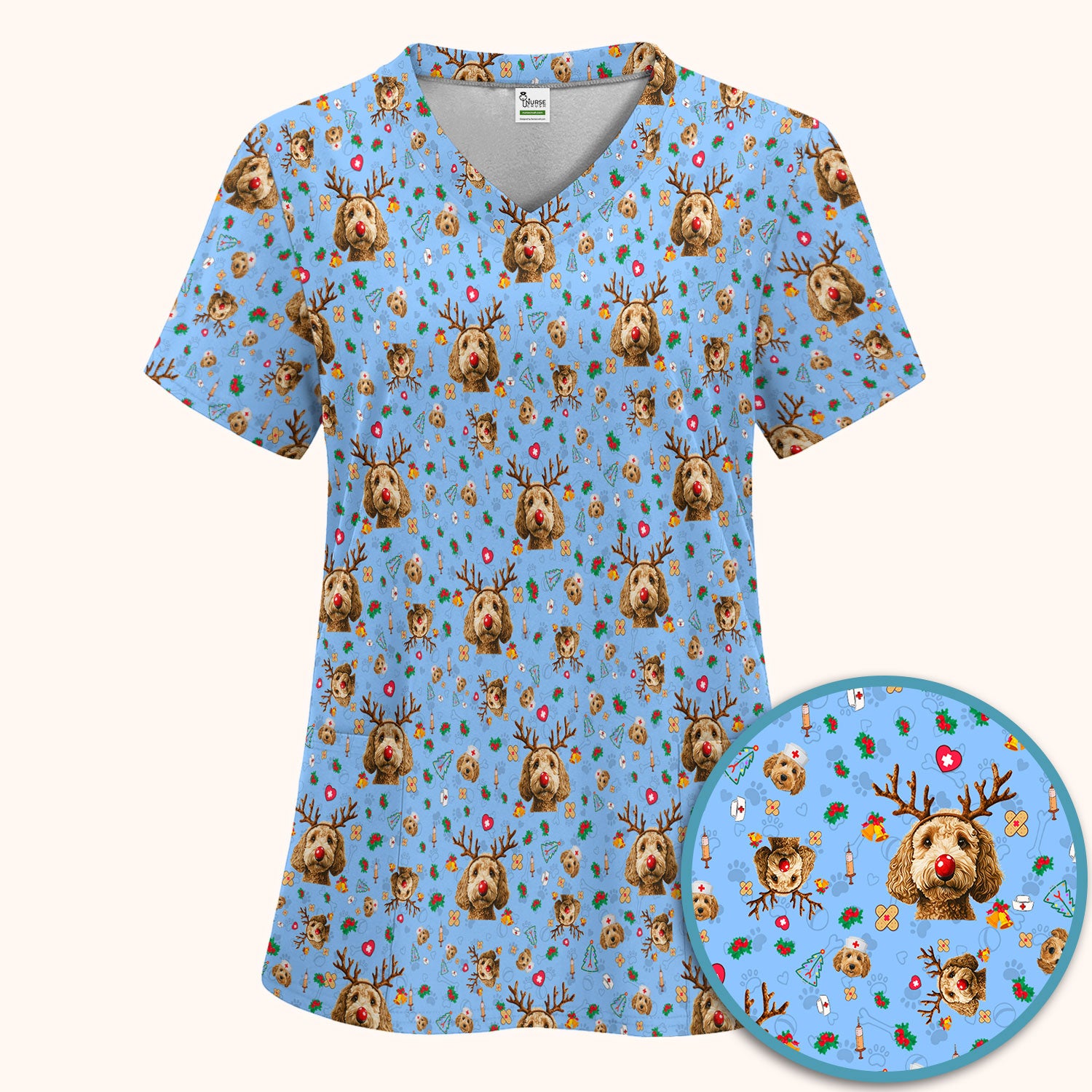 Christmas Labradoodle Scrub Set - Funny Reindeer Dog Nurse Pants and V Neck Top - Cute Holiday Medical Uniform