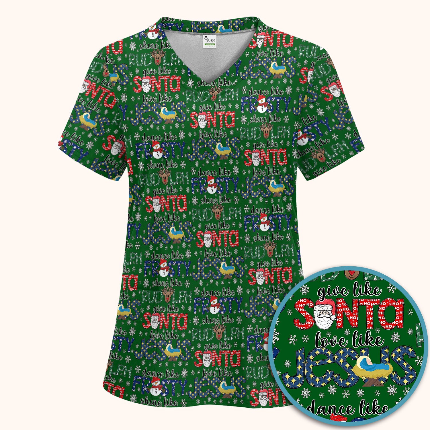 Xmas Rudolph Comfortable Scrub Set for Nurses - God Santa Scrub Pants and V Neck Top - Breathable Med Uniform