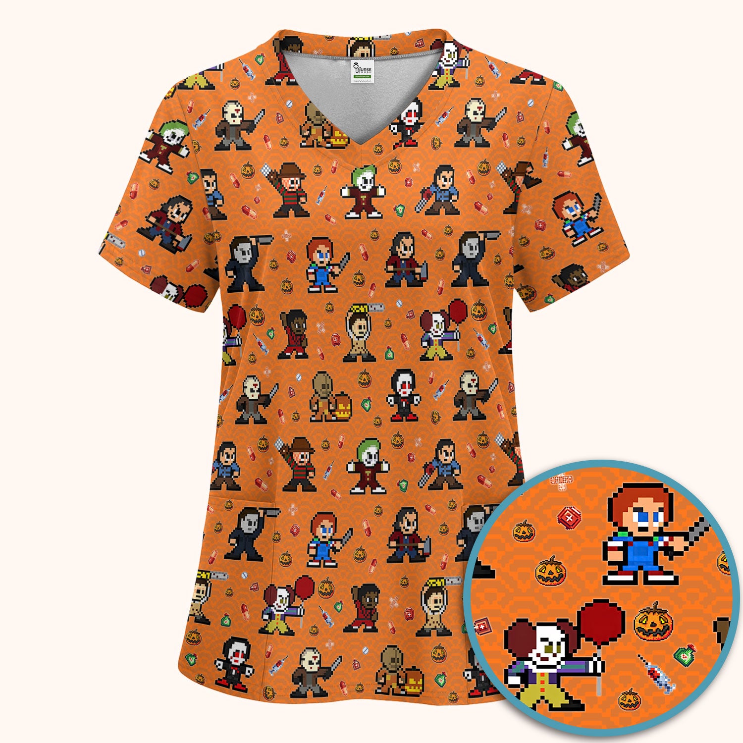 Halloween Women's Scrub Sets - Comfortable Scrubs for Nurses - Horror Movie Scrub Pants and V Neck Top - Breathable Med Uniform