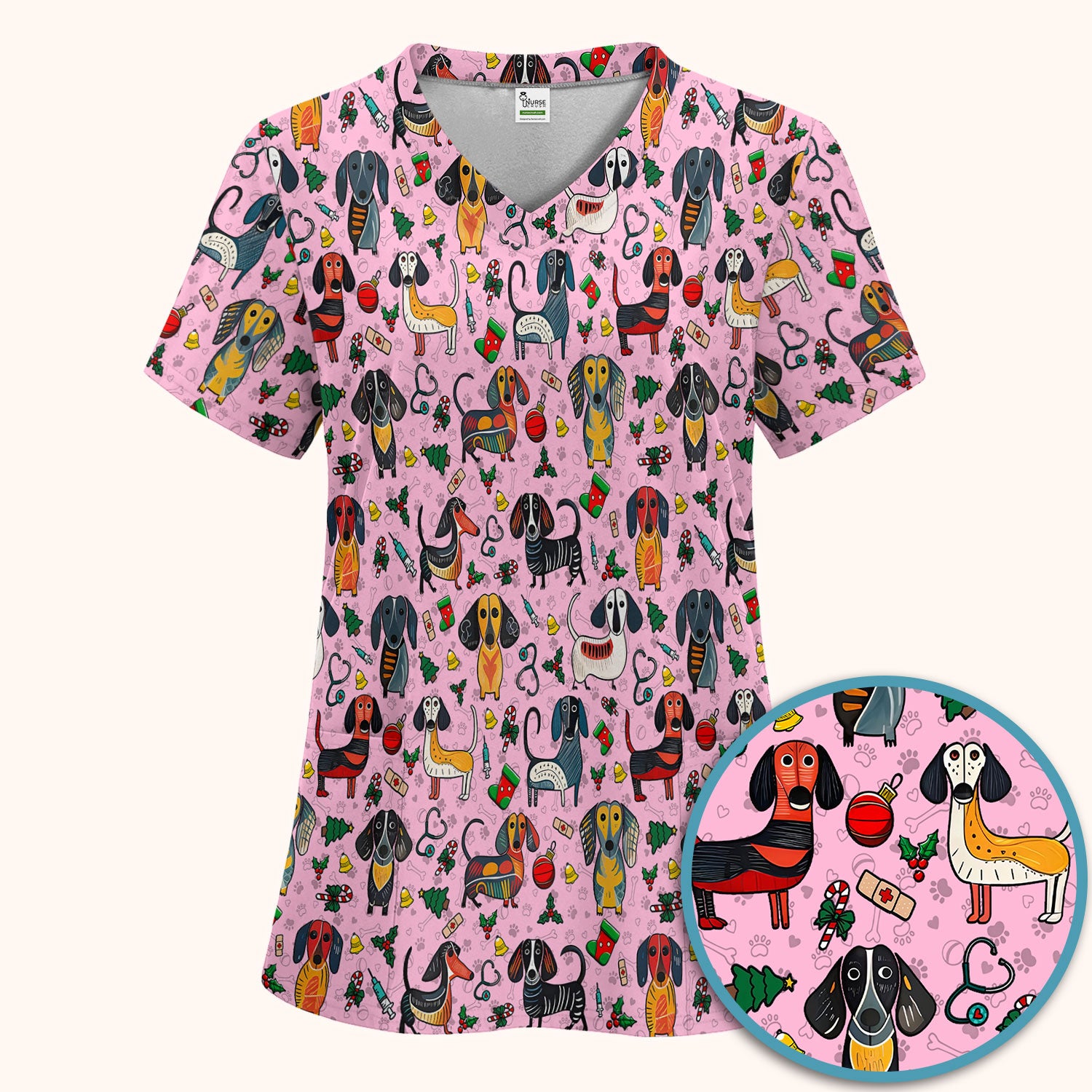 Christmas Wiener Dog Scrub Set - Funny Sausage Dog Pants and V Neck Top - Holiday Medical Uniform