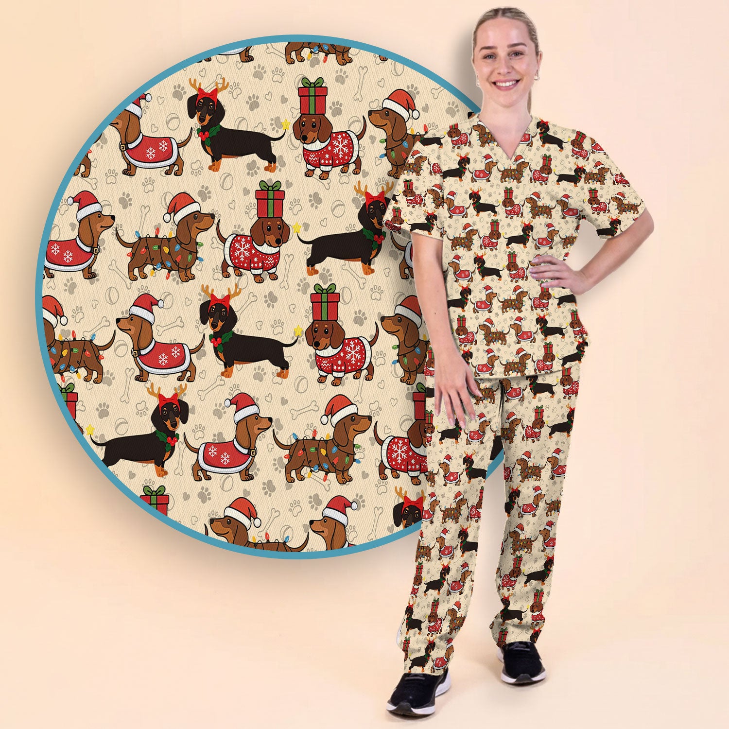 Funny Wiener Dog Scrub Set for Women - Santa's Favourite Nurse Gift - Funny Medical Uniform for RN CNA LPN