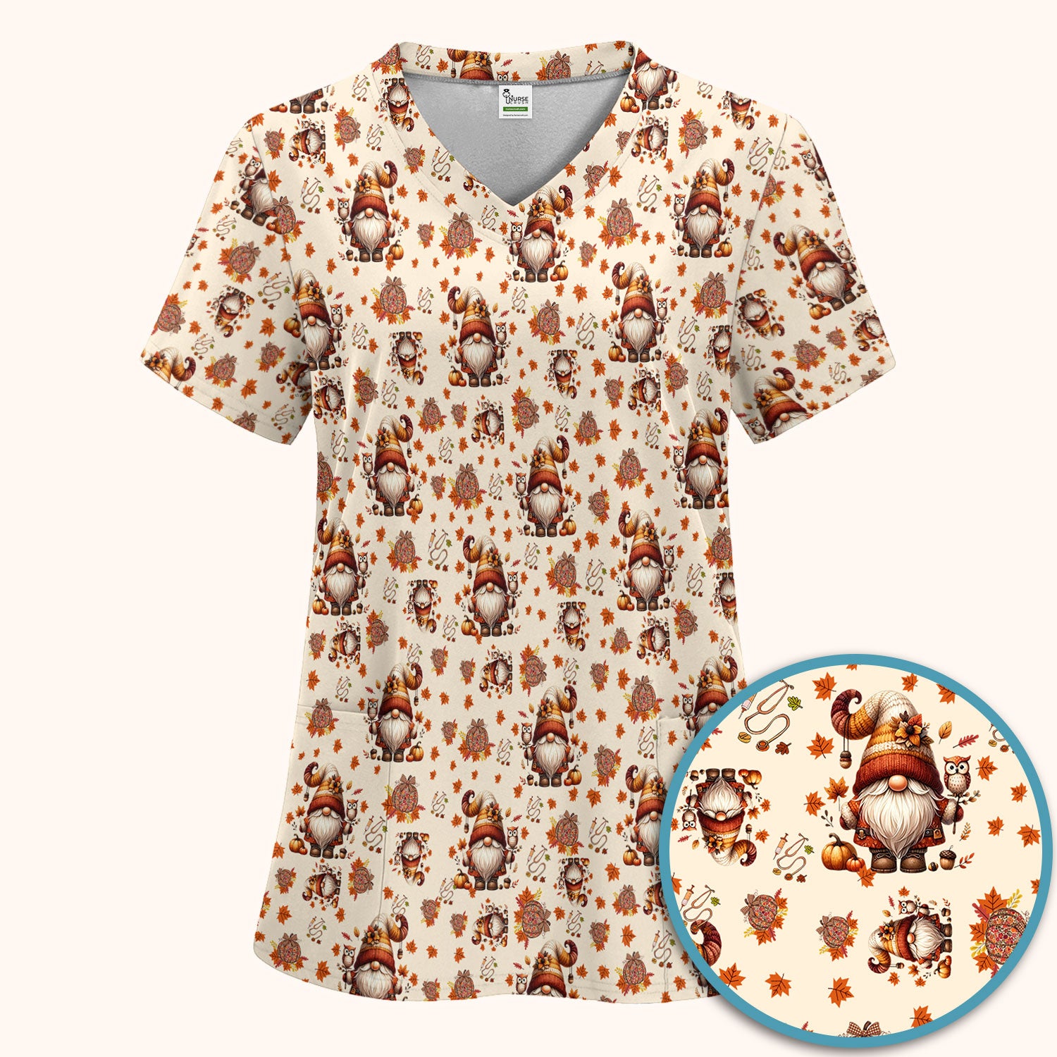 Autumn Leaves Pumpkin Scrubs Set for Women - Gnome Scrubs for Nurse Mama - Breathable Fabrics Nursing Uniform