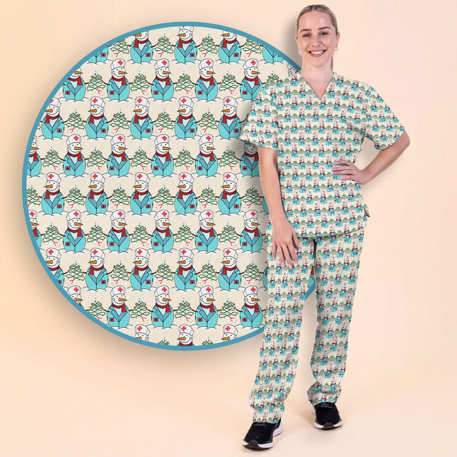 Christmas Snowman Nurse Scrub Pants - Holiday Med Uniform for Women - Comfortable Nursing Scrub Sets - Snowman Ugly Sweater Gift