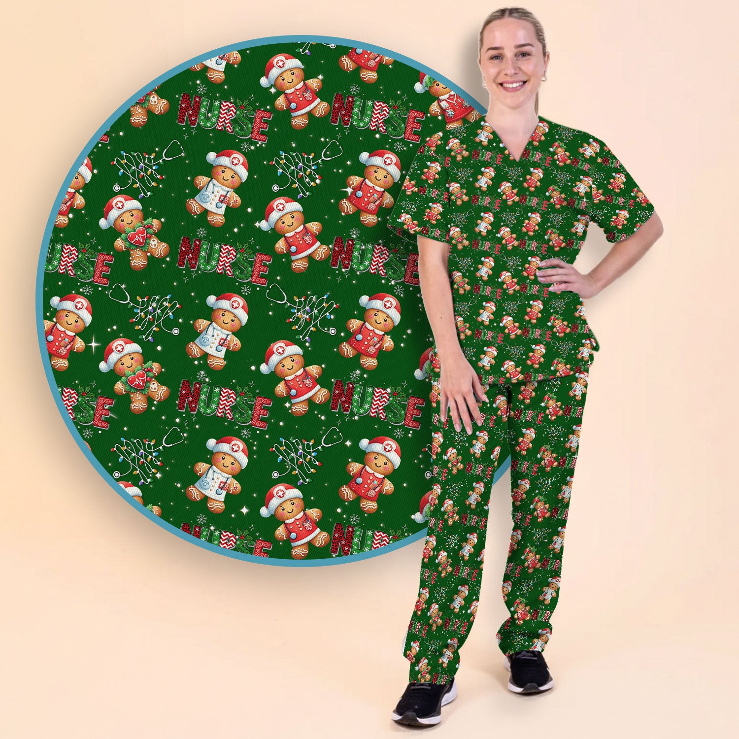 Christmas Gingerbread Women's Scrub Sets - Comfortable Scrubs for Nurses - Funny Xmas Scrub Pants and V Neck Top for RN CNA LPN