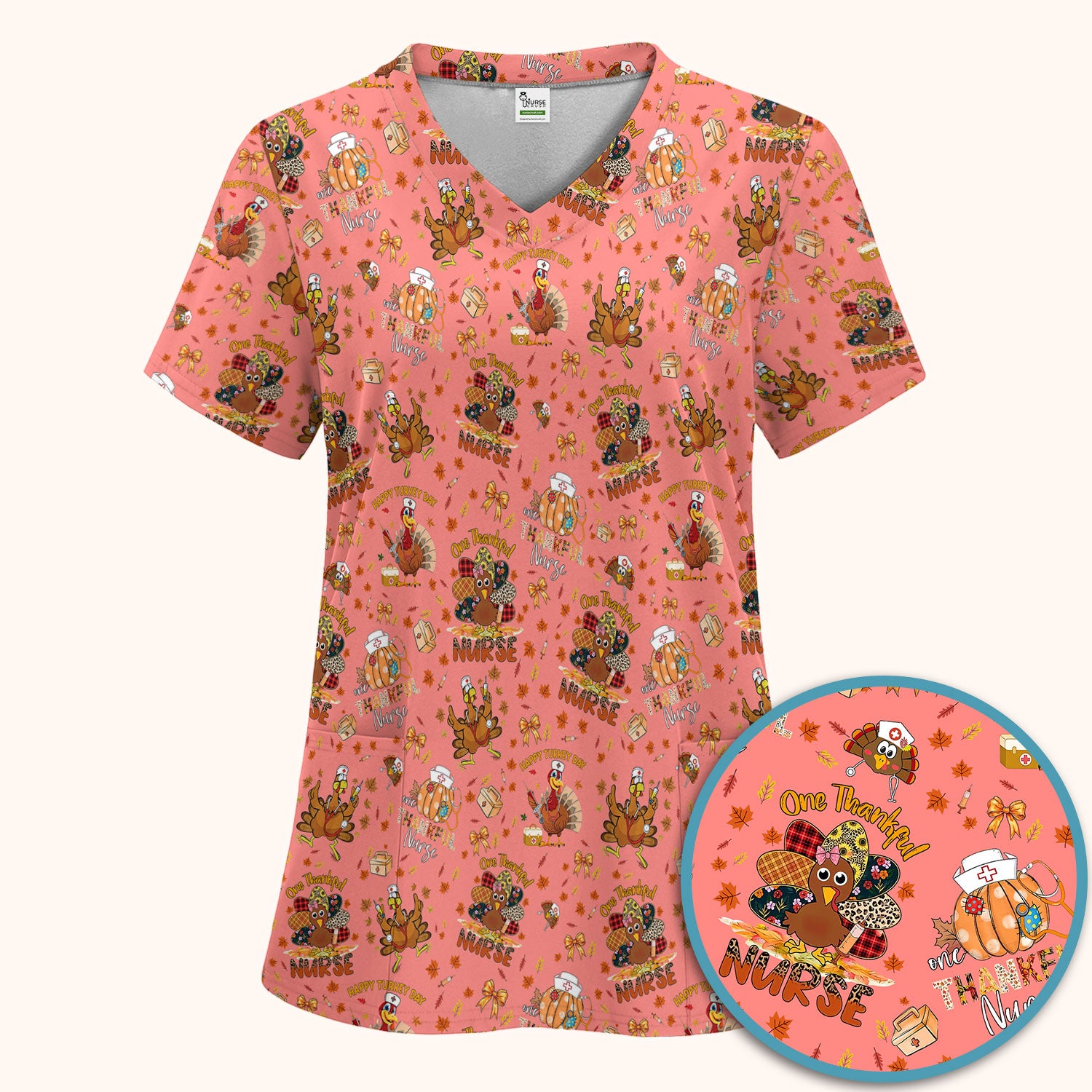 Thanksgiving Scrub Set for Women - Turkey Pumpkin Scrub Top and Pants for Nurses - Fall Med Uniform for RN CNA LPN