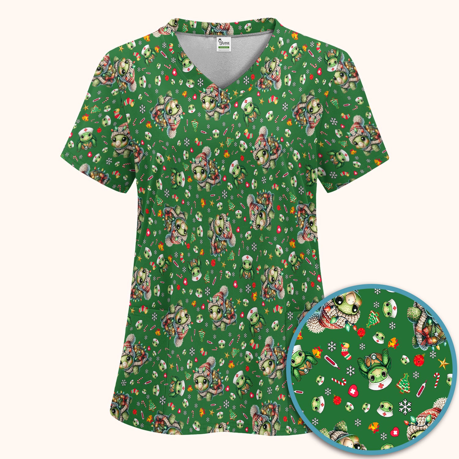 Christmas Turtle Scrub Set - Cute Funny Nurse Pants and V Neck Top - Holiday Medical Uniform for Women