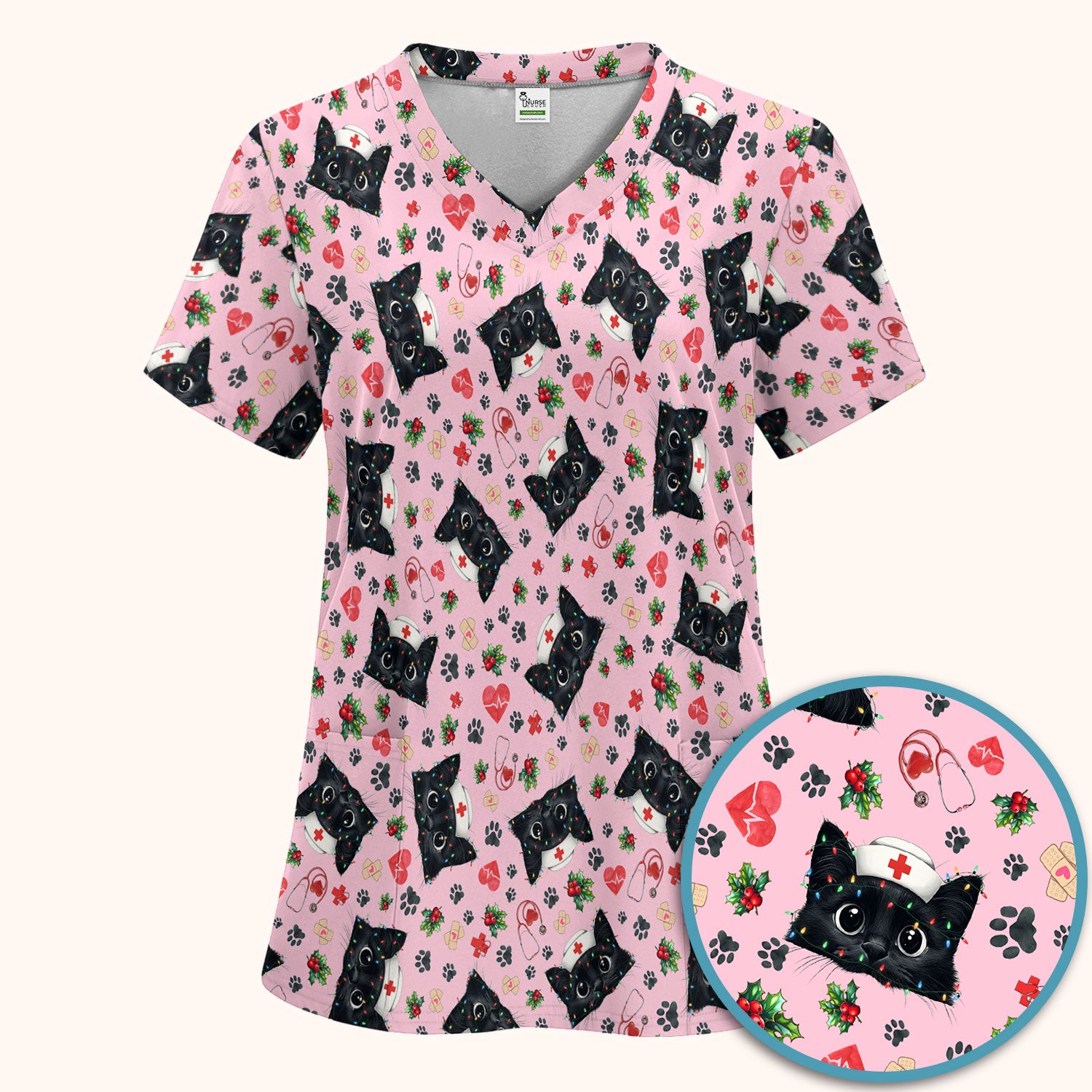Funny Cats Scrub Set for Nurses - Black Kittens Christmas Scrubs Pants and V Neck Top - Jolly Medical Uniform Gift for RN CNA LPN