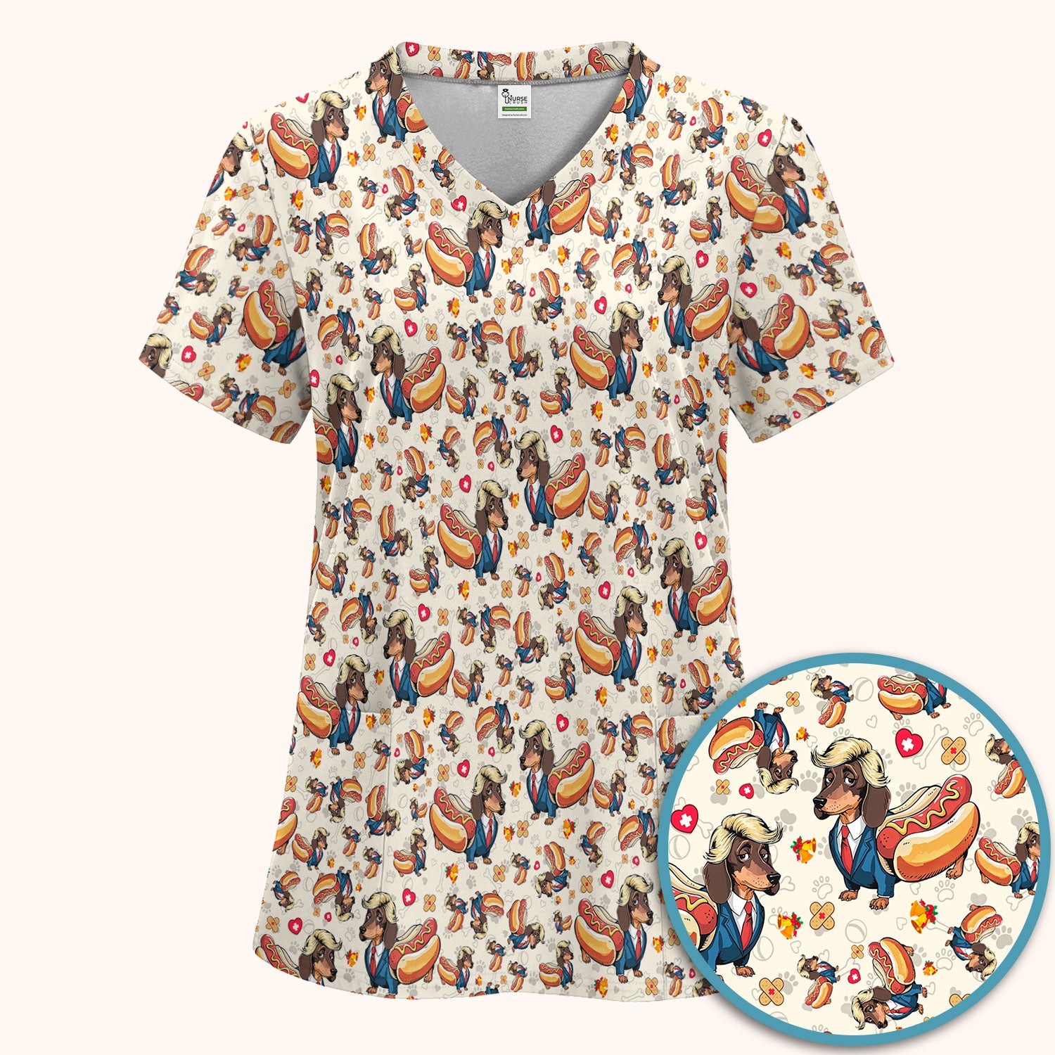 Dachshund Hot Dog Nurse Scrub Set - Funny Sausage Dog Pants and V Neck Top - Medical Uniform Gift