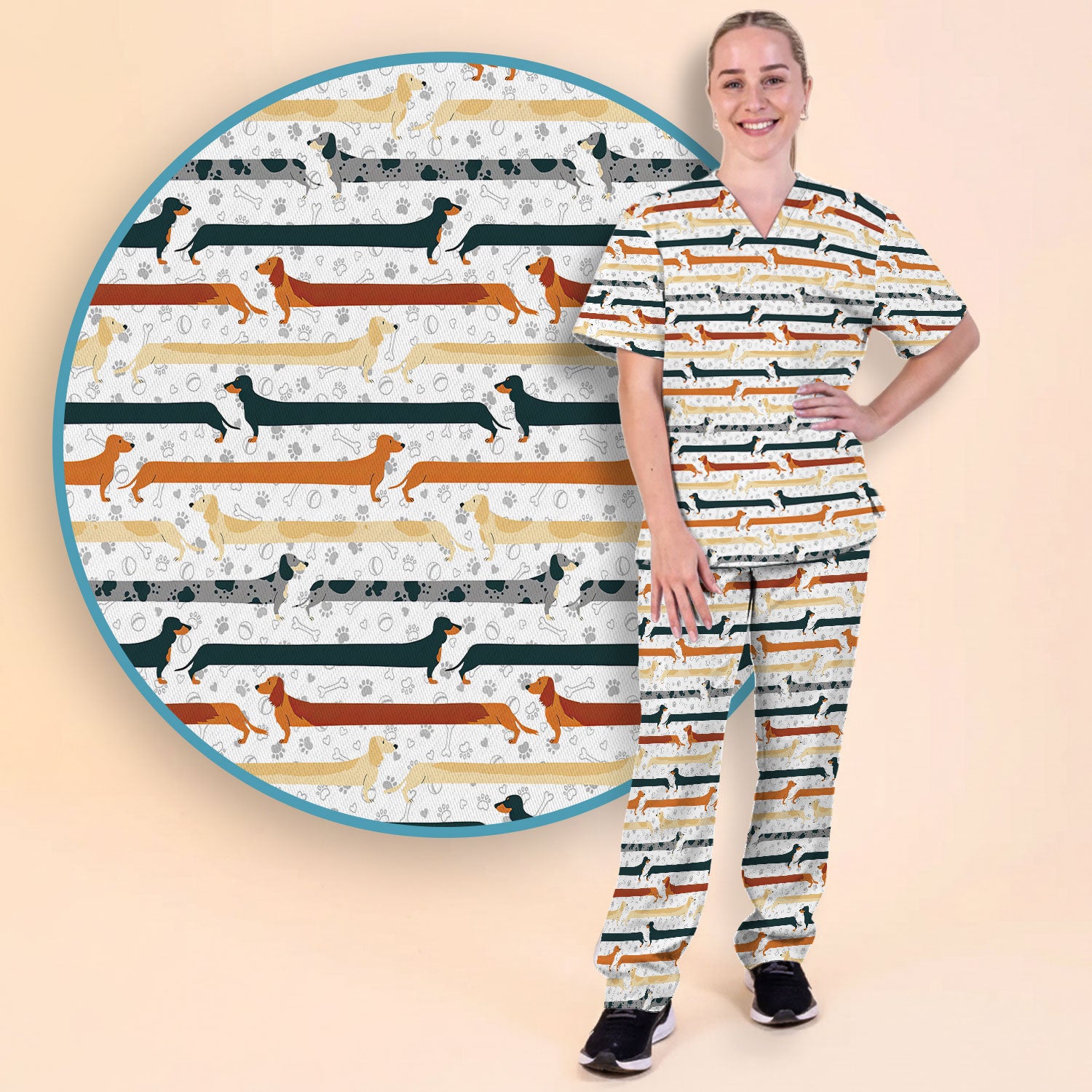 Weiner Dog Women's Scrub Sets - Comfortable Scrubs for Nurses - Funny Scrub Pants and V Neck Top - Breathable Med Uniform